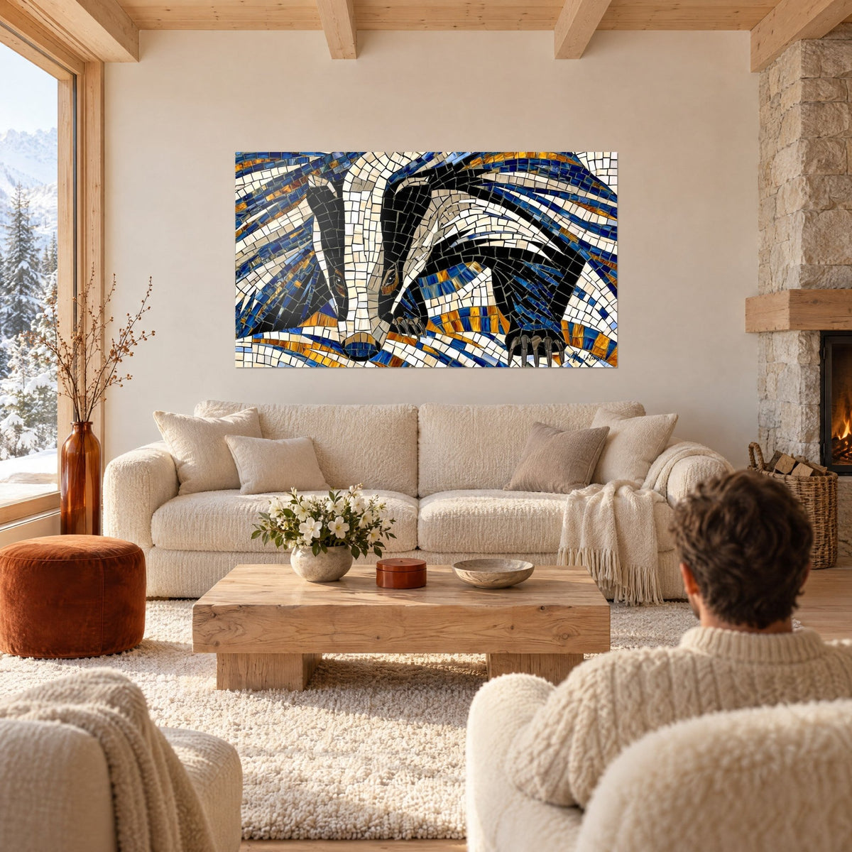 Tableau blaireau rayé noir et blanc en tesselles bleu cobalt et ocre, au-dessus d'un canapé dans un salon lumineux