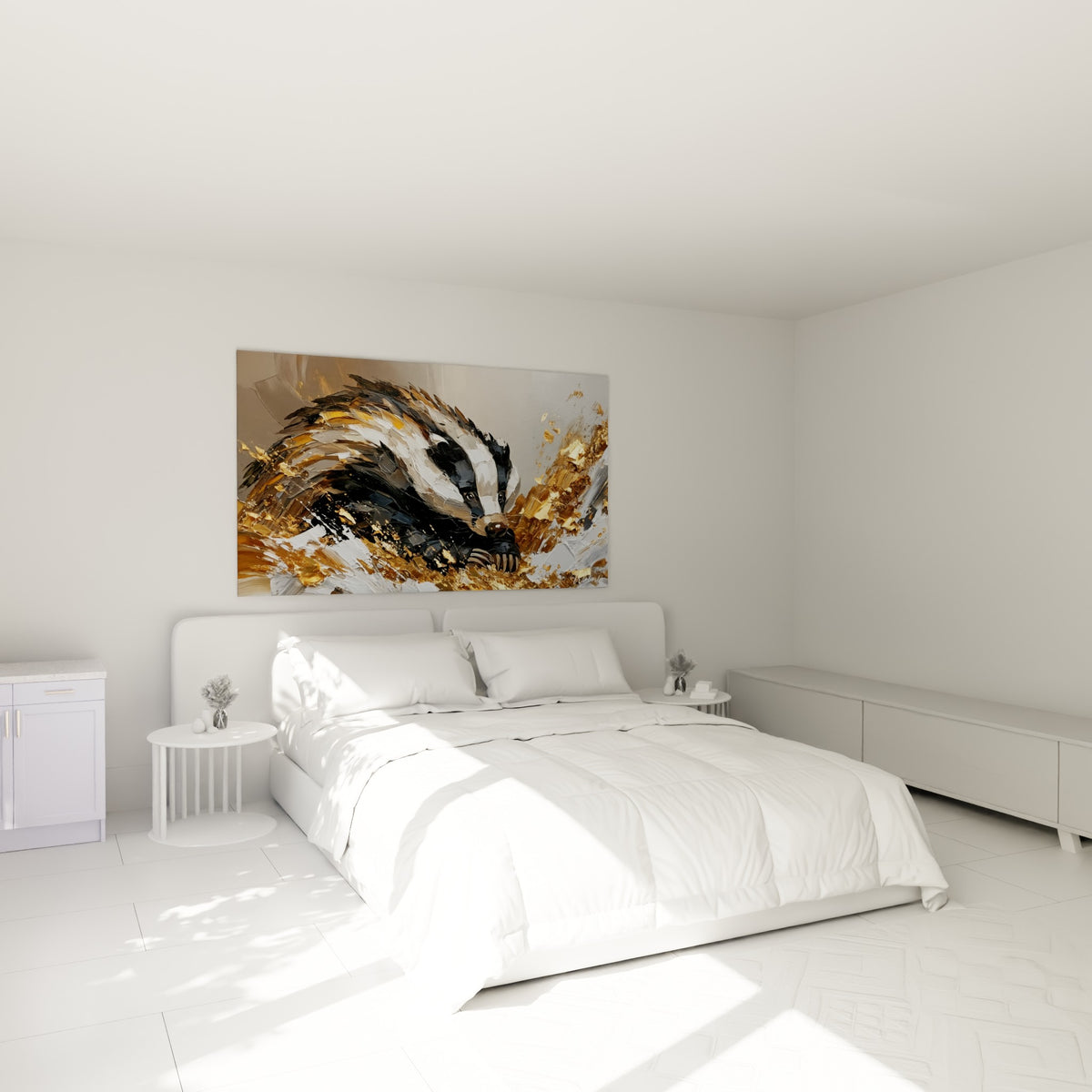 Museau de blaireau noir et doré peint au couteau, accroché au-dessus d'un lit dans une chambre claire