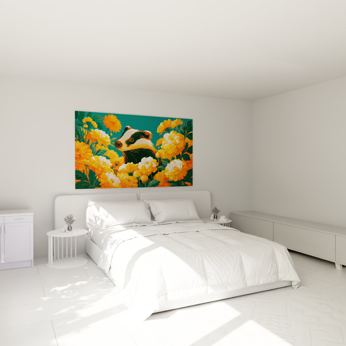 Museau curieux du blaireau parmi fleurs orangées, accroché au-dessus d'un lit dans une chambre claire