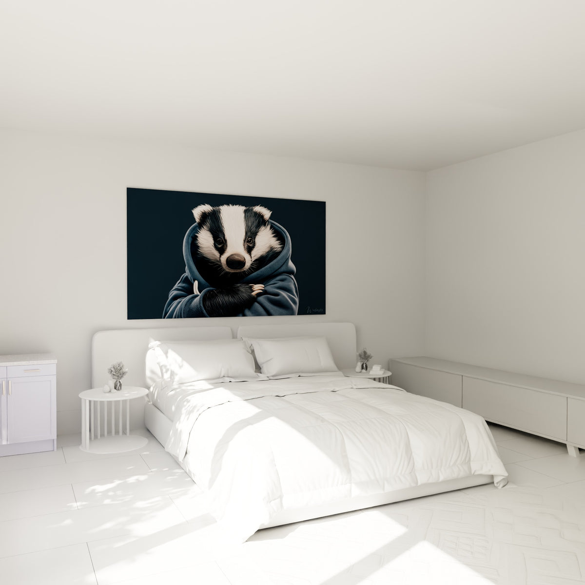 Portrait de blaireau vêtu d'une capuche bleu marine, pelage noir et blanc, au-dessus d'un lit dans une chambre claire