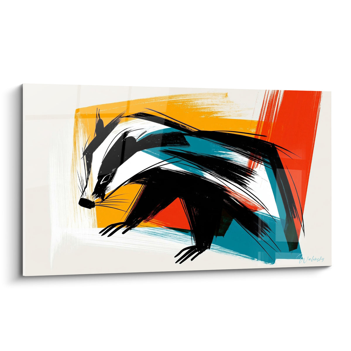 Blaireau noir et blanc marchant sur fond ocre, corail et bleu canard, trait expressif