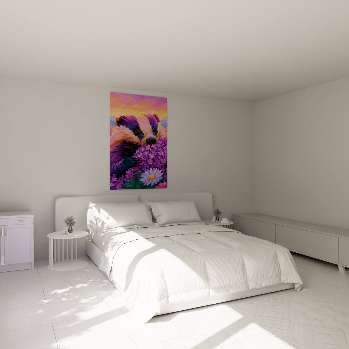Museau noir et regard doux du blaireau violet et rose, accroché au-dessus d'un lit dans une chambre claire