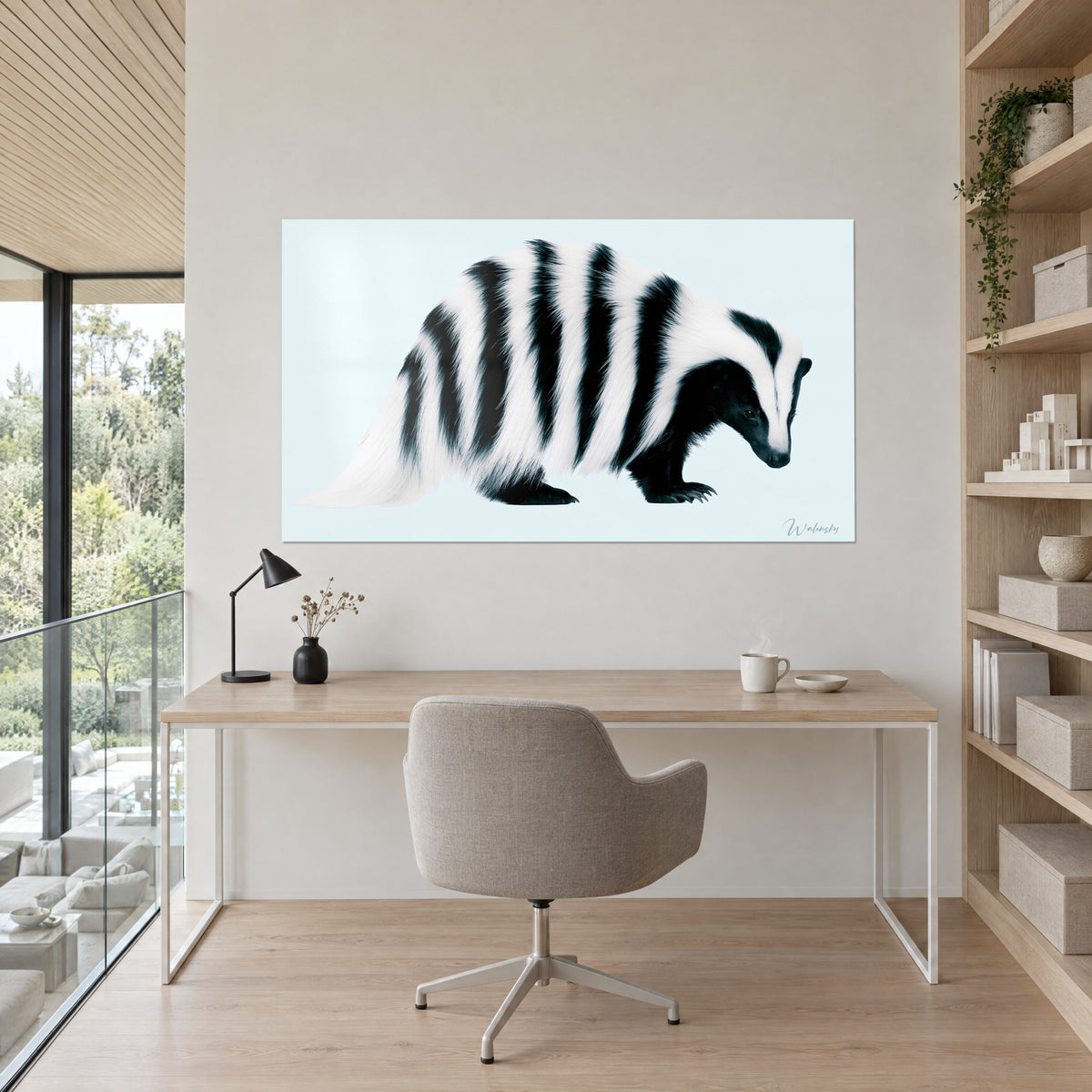 Schilderij gestreept dier met donkere snuit, lange witte haren en zwarte strepen, ijzig blauwe achtergrond, boven een bureau van licht hout