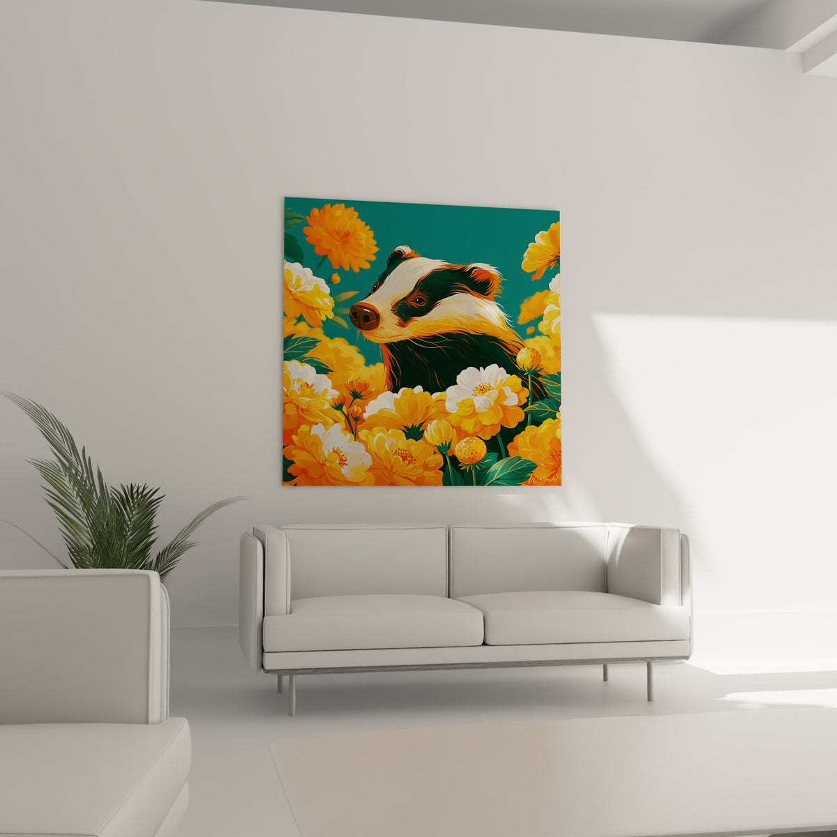 Pelage noir et blanc du blaireau parmi des pétales orangés, au-dessus d'un canapé dans un salon lumineux