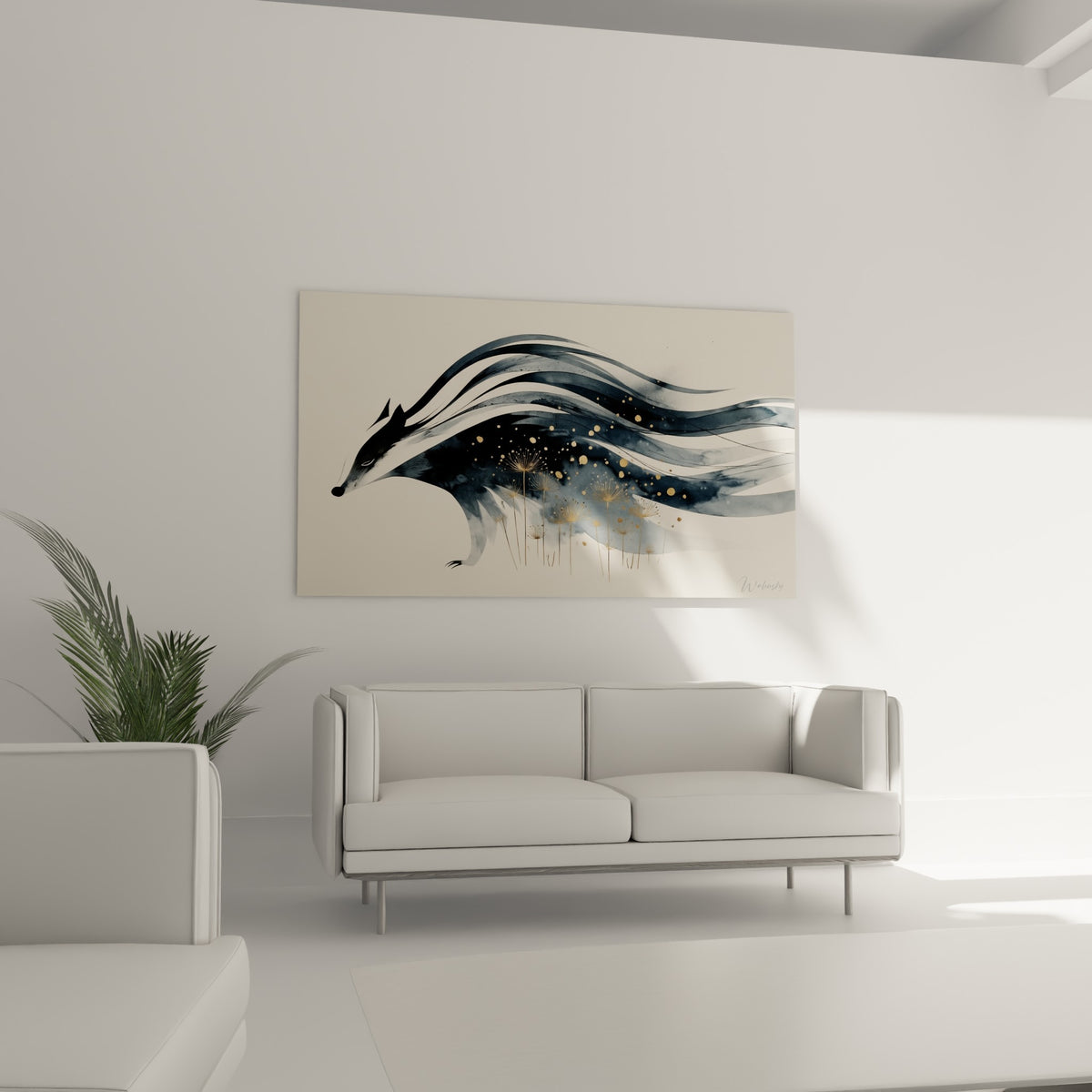 Pelage ondulant du blaireau en bleu marine et doré accroché au-dessus d'un canapé dans un salon lumineux