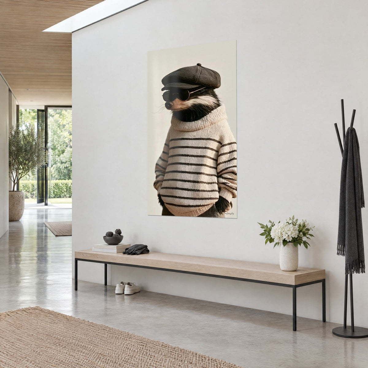 Tableau animal rayé noir et crème, mains dans les poches, béret gris et lunettes fumées, sur mur blanc près d'un banc en bois