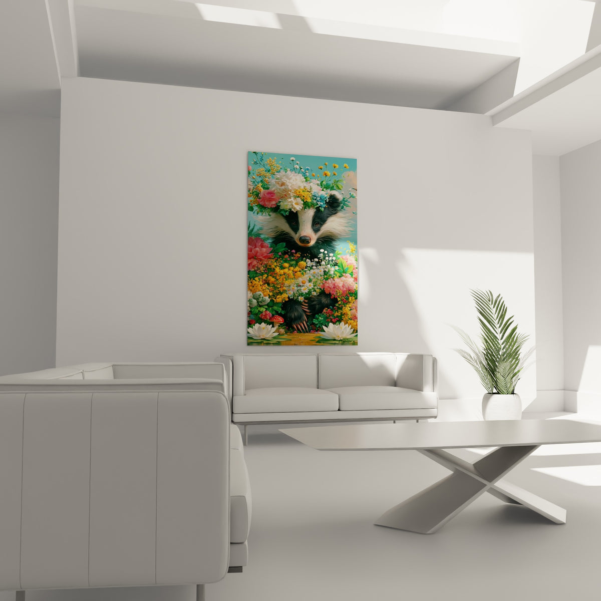 Regard doux d'un blaireau parmi les fleurs jaunes et corail, au-dessus d'un canapé dans un salon lumineux