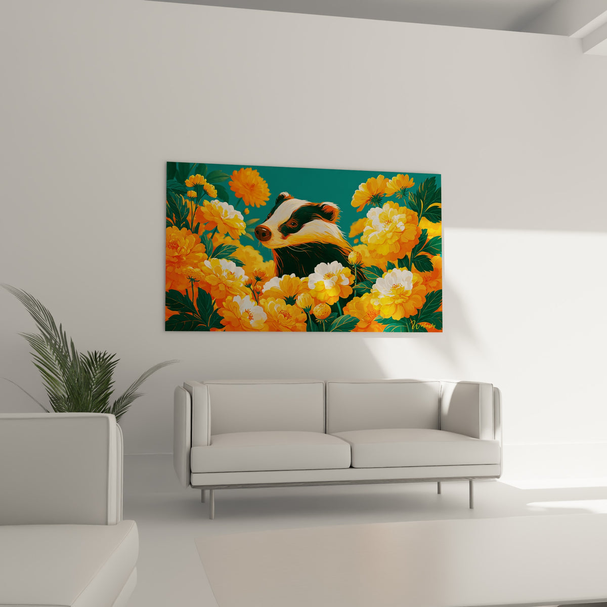 Regard du blaireau blanc et noir entouré de pétales orangés, au-dessus d'un canapé dans un salon lumineux