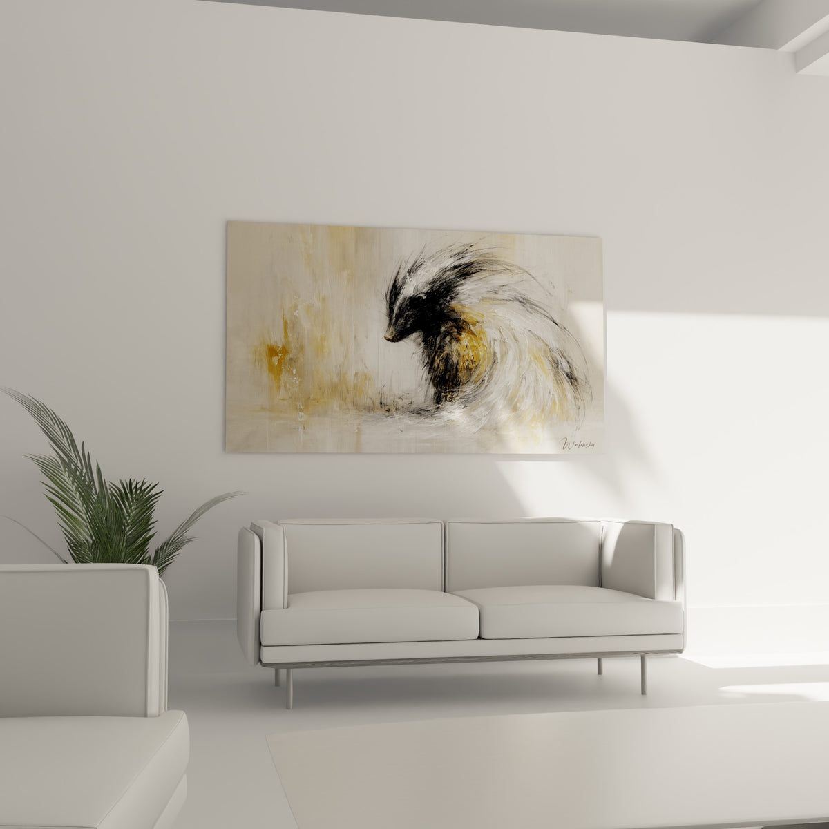 Silhouette dorée et anthracite du blaireau en mouvement, au-dessus d'un canapé dans un salon lumineux