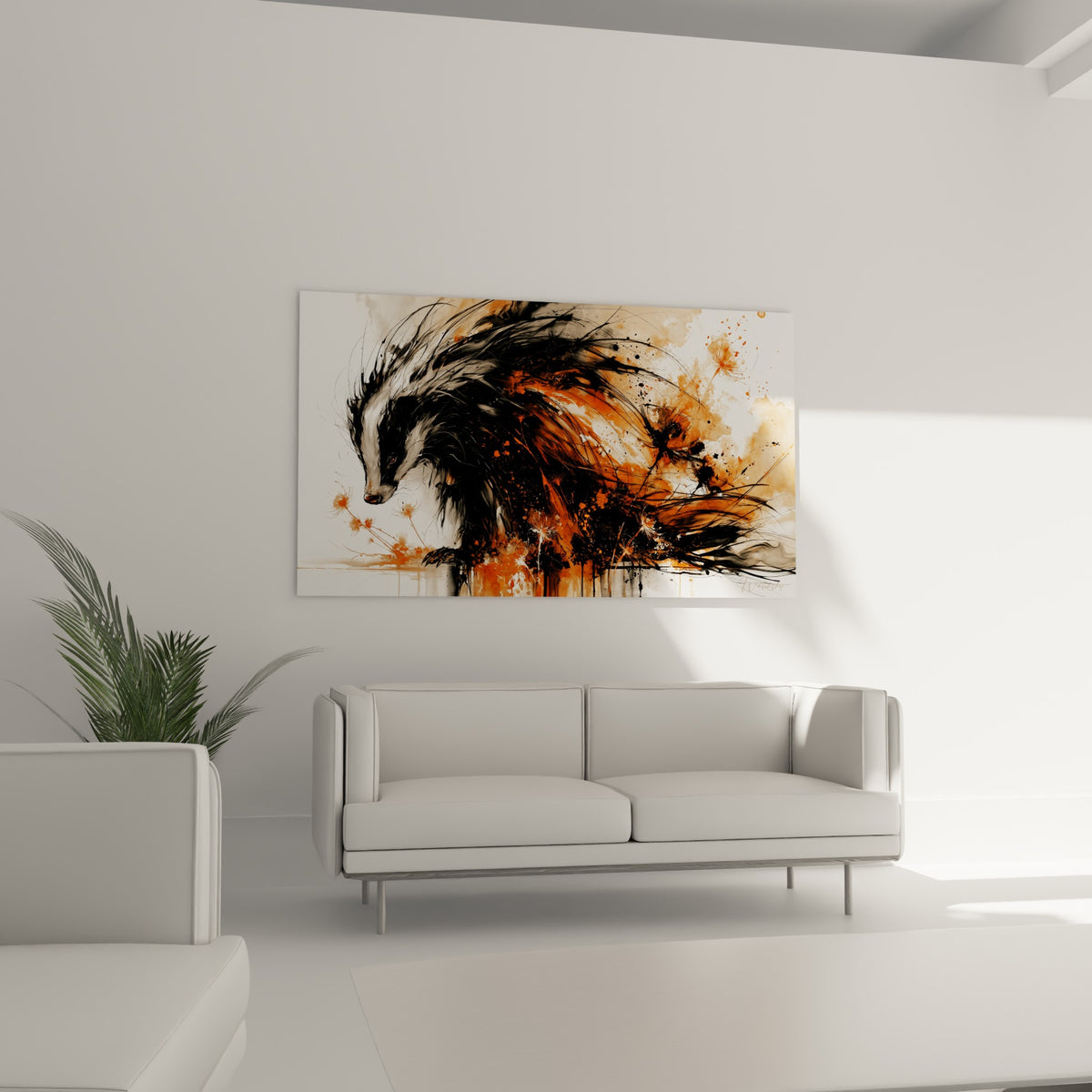 Animal sauvage aux teintes fauves et anthracite disposé au-dessus d'un canapé dans un salon lumineux