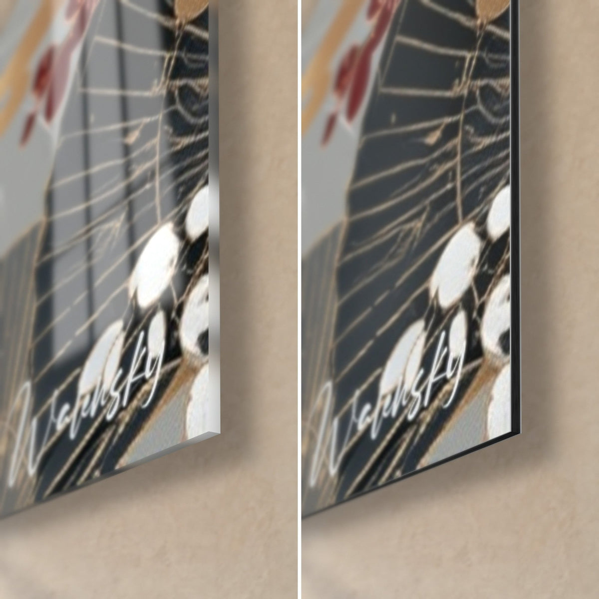 Tableau blaireau rayé, coin bas droit : verre acrylique brillant aux reflets et alu Dibond mat, tranche noire de 3 mm