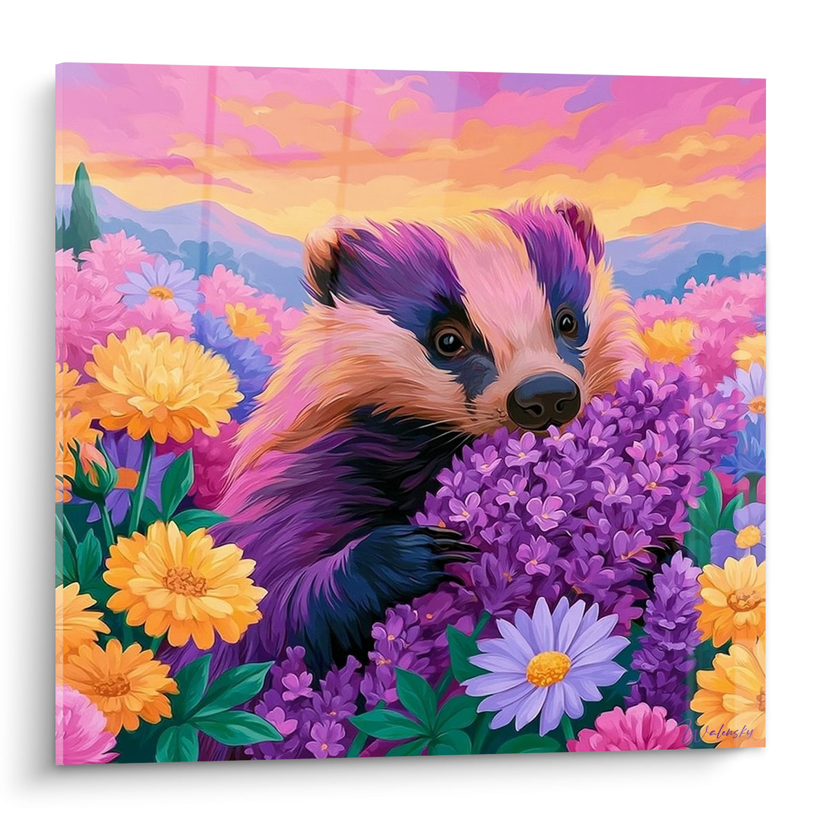 Blaireau violet et rose pastel niché dans des fleurs jaunes et mauves sous un ciel orangé