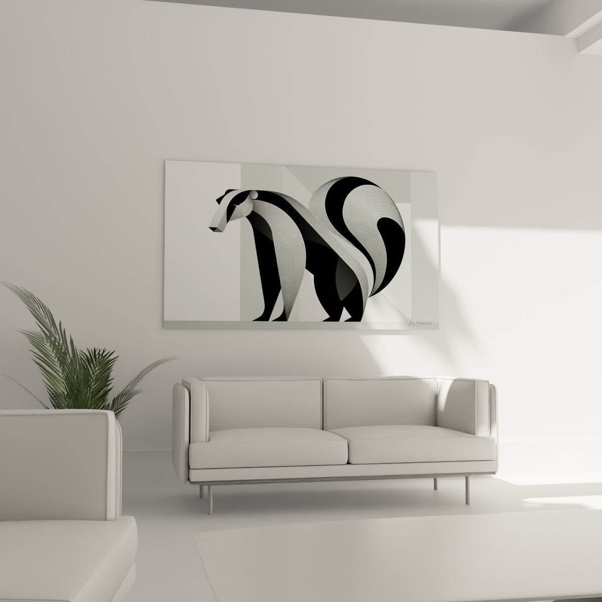 Blaireau graphique en volutes noires et grises au-dessus d'un canapé dans un salon lumineux
