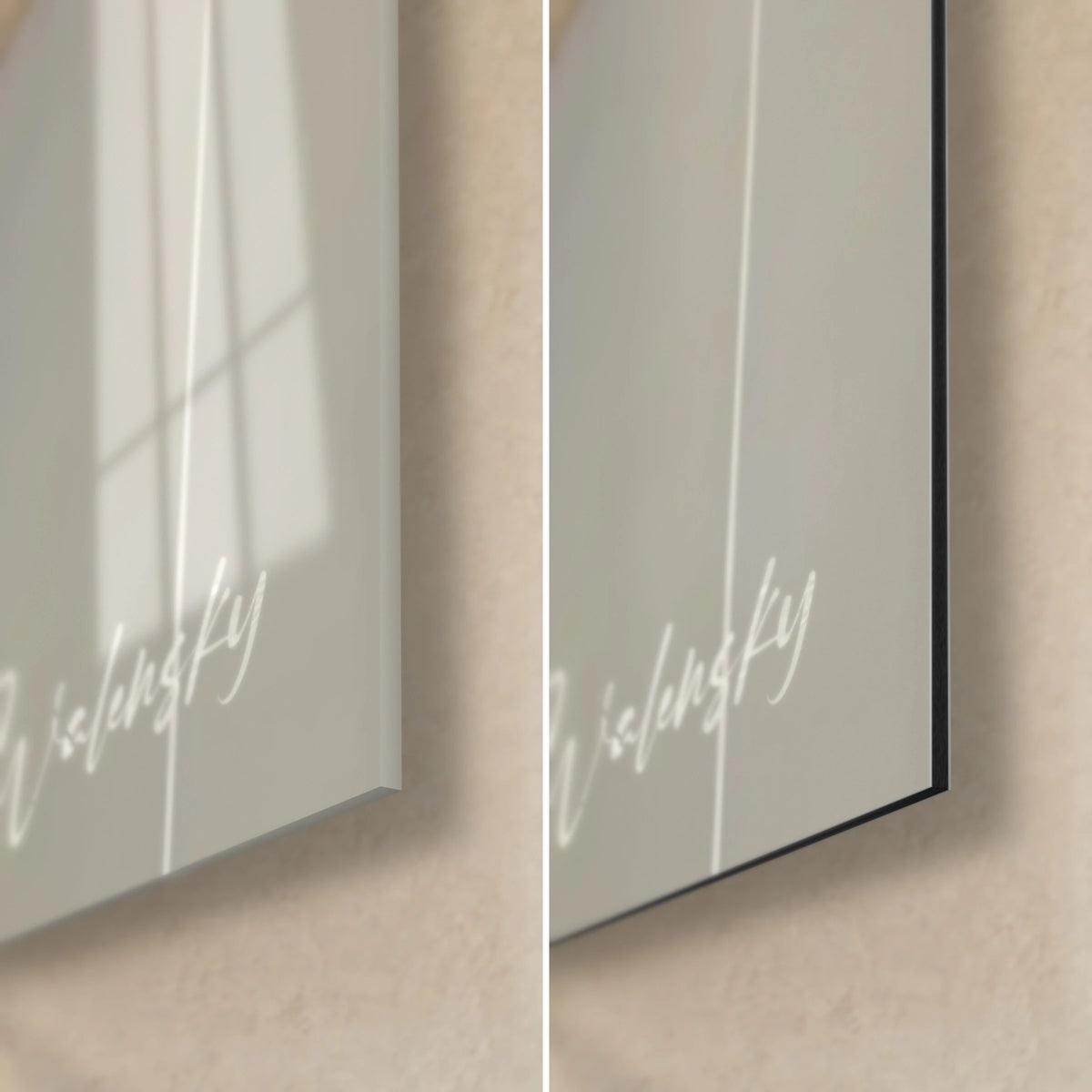 Wall art wolf painting, bottom right corner: glossy acrylic glass on the left, matte aluminium Dibond on the right, 3 mm edge, grey and cream