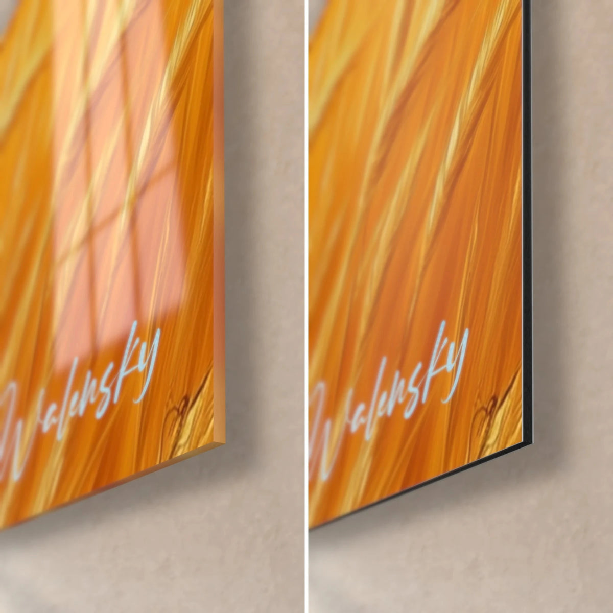 Wall art amber harvest under a vivid blue sky, bottom right corner: glossy acrylic glass and matte black Dibond aluminum