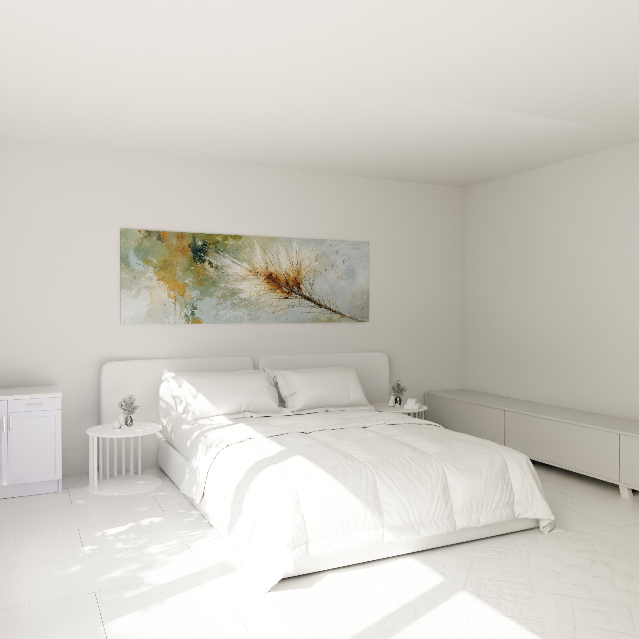 Tableau épi de blé doré dans chambre moderne mur beige mobilier bois naturel décoration végétale