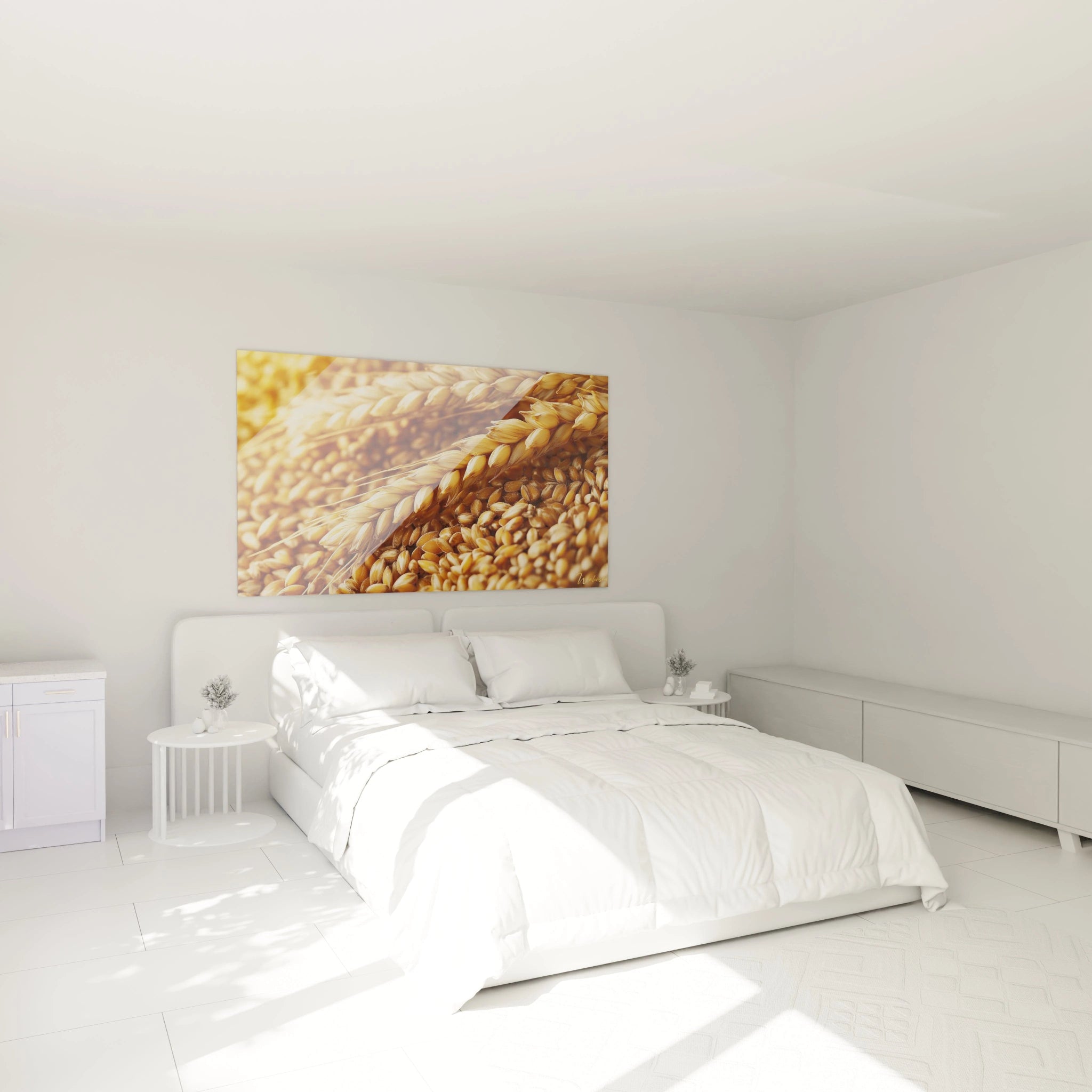 Un tableau blĂ© centrant lâattention sur des tiges de blĂ© dorĂ©, entourĂ©es de grains beiges, offrant un effet visuel contrastĂ© et des surfaces lisses.