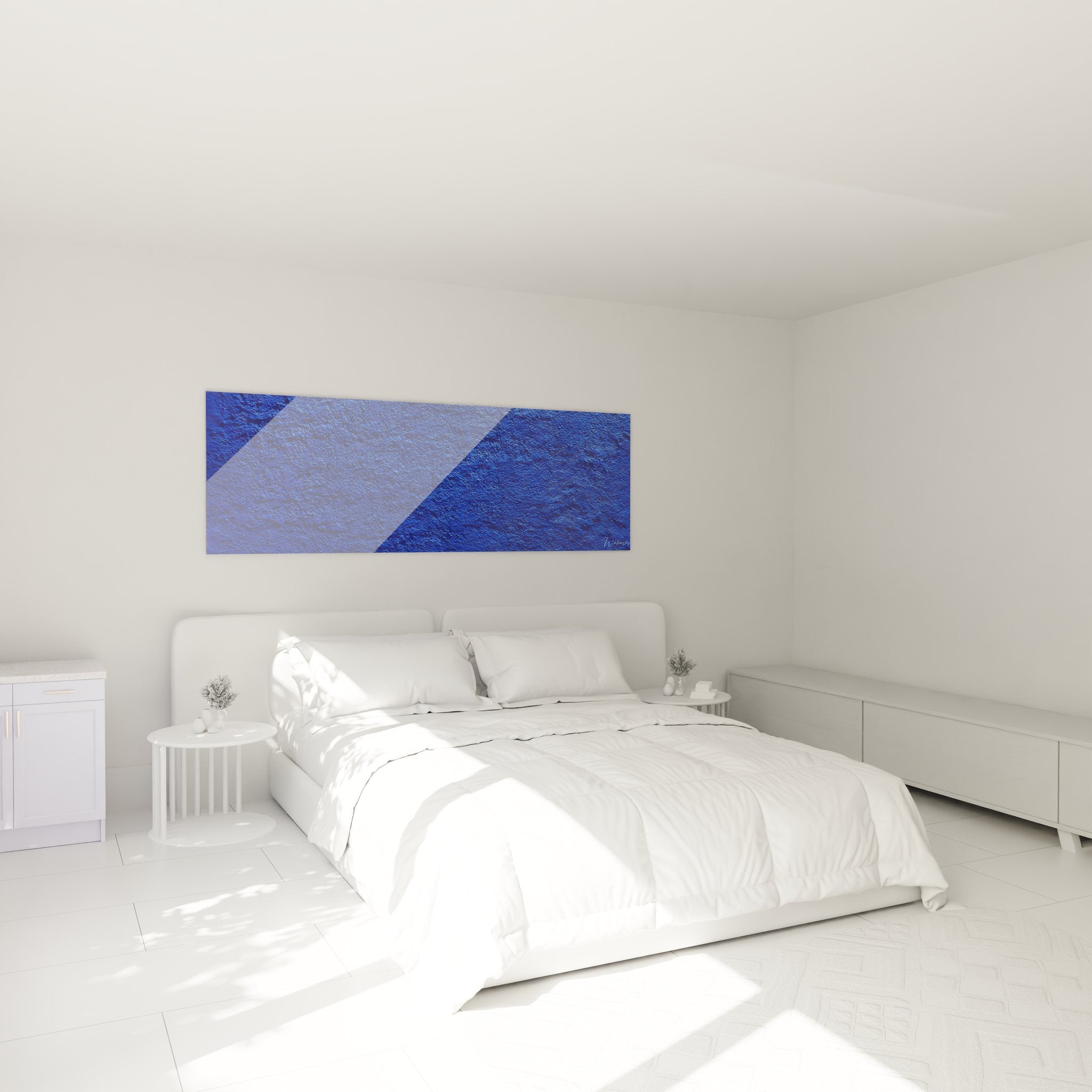 Ambiance chambre avec tableau texture abstraite bleue créant atmosphère apaisante et moderne