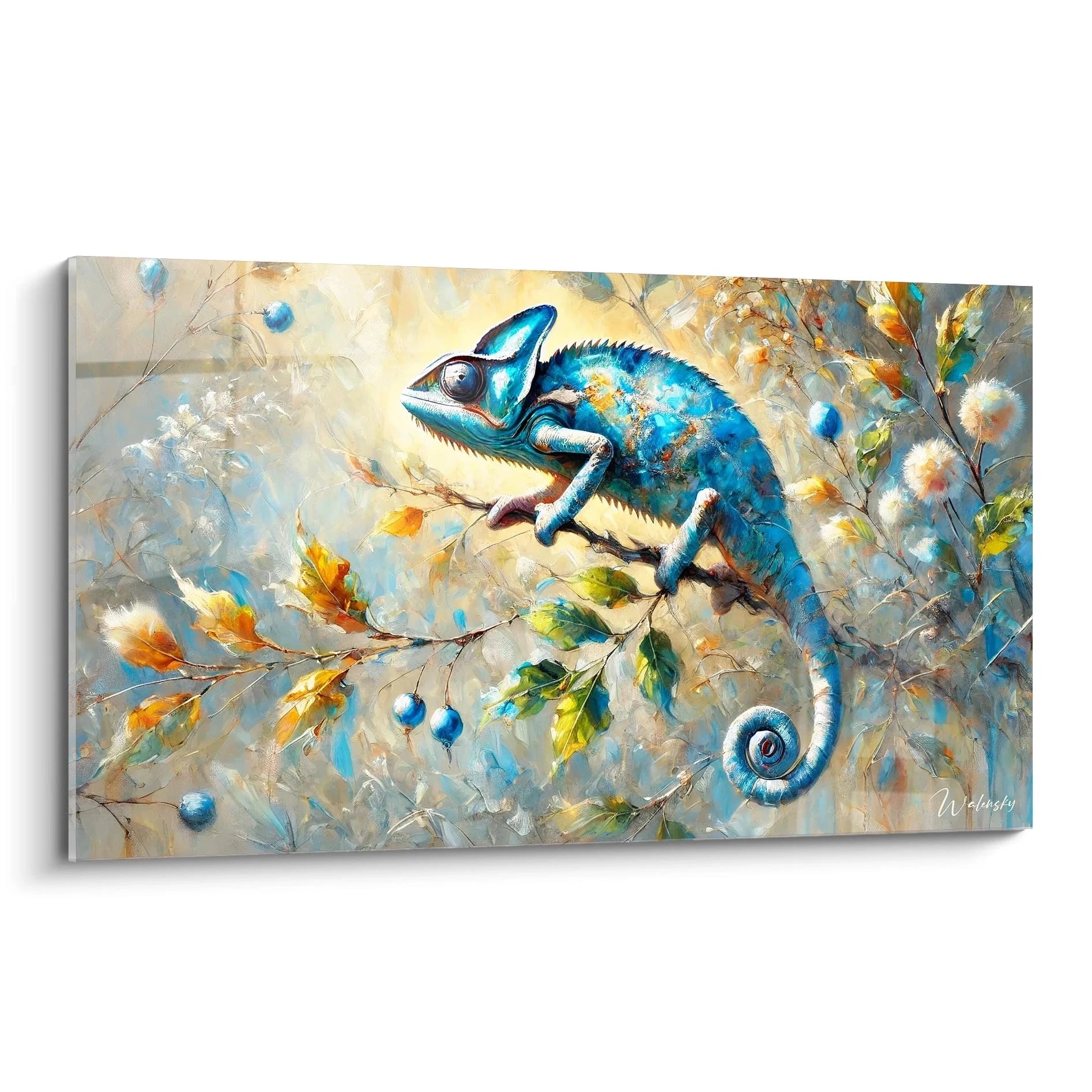 Vue de biais ce tableau caméléon révèle des détails saisissants et une palette audacieuse bleu vert orange qui illumine l’espace avec une touche de nature colorée et énergique