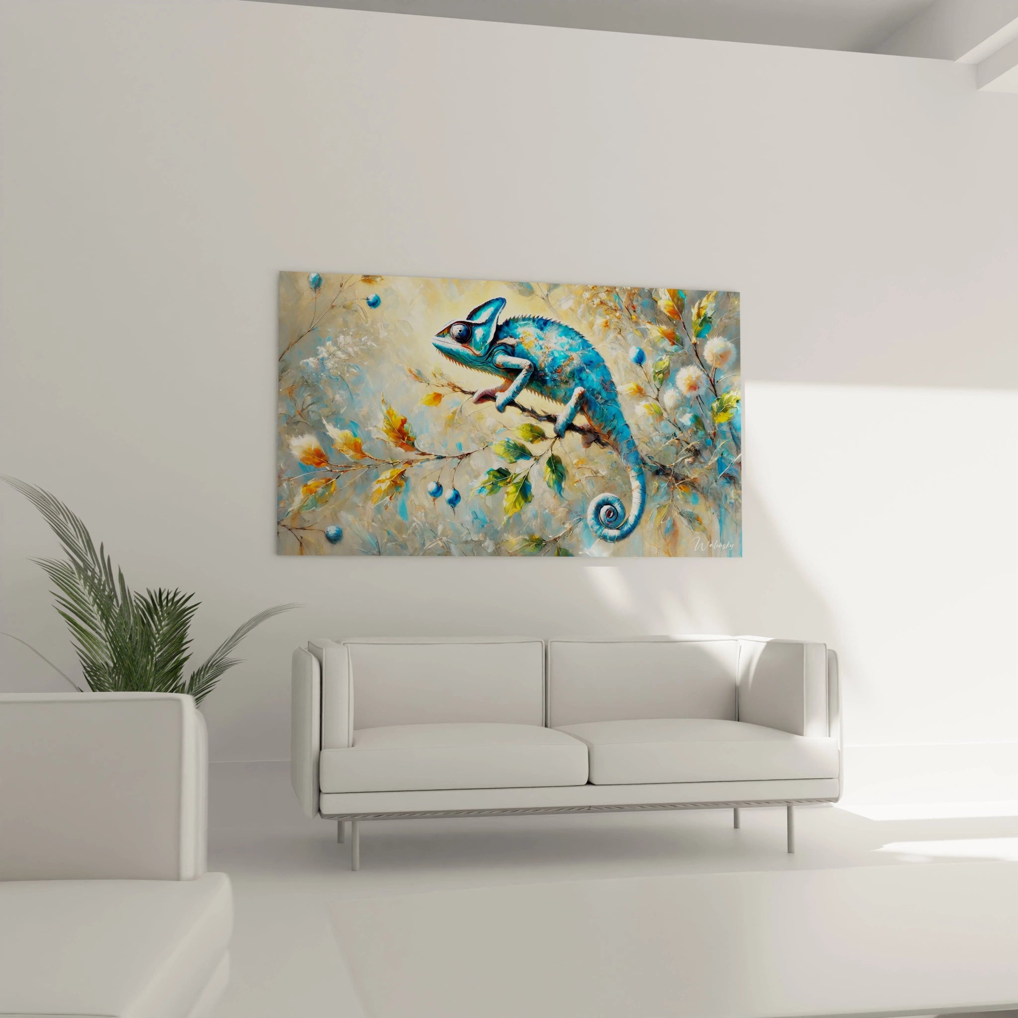 Ce tableau caméléon installé dans le salon au-dessus du canapé offre un visuel vibrant et dynamique parfait pour insuffler de la vitalité et attirer les regards dans votre intérieur