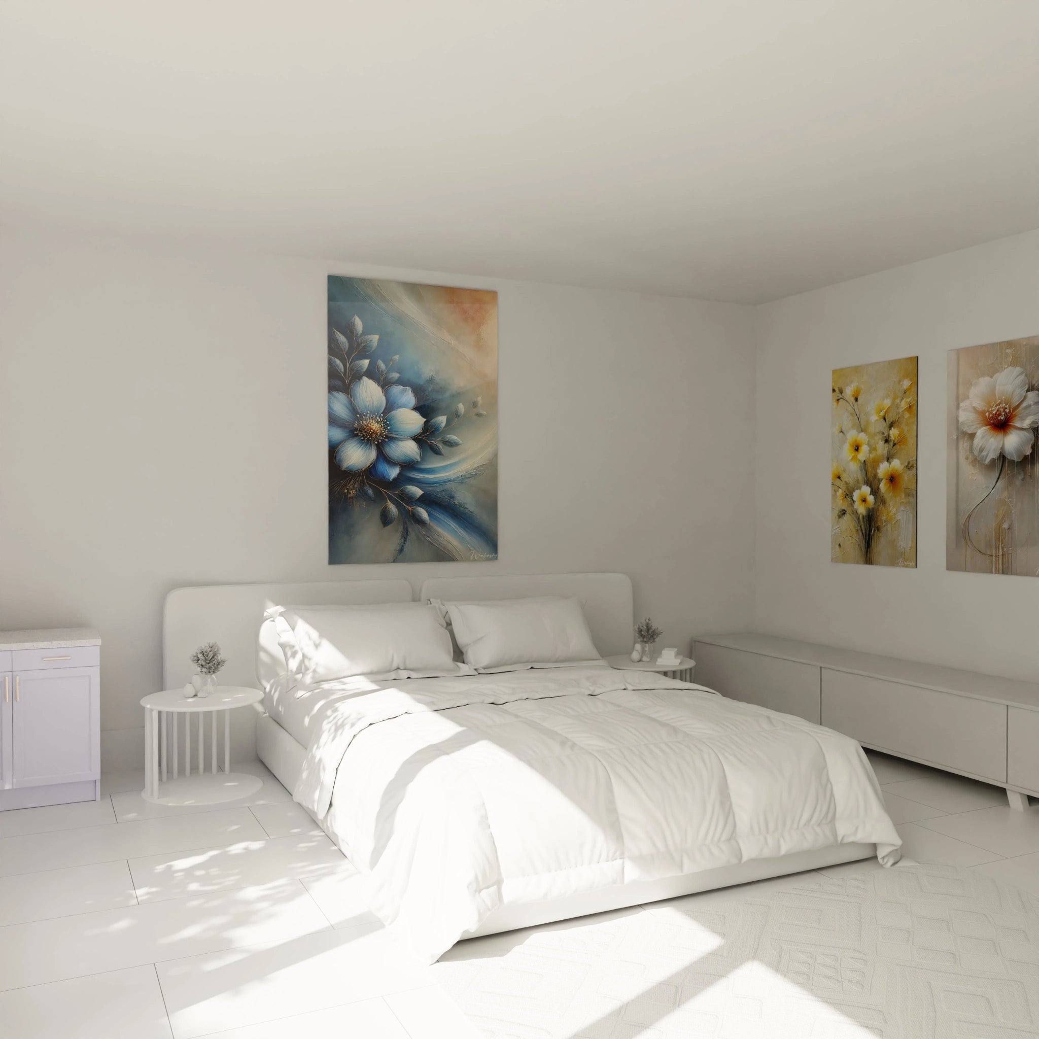 "Tableau 'Bleu de Minuit' accrochĂ© au mur dans une chambre. Ses nuances de bleu profond apportent sĂ©rĂ©nitĂ© et douceur Ă lâespace, crĂ©ant une atmosphĂšre apaisante."