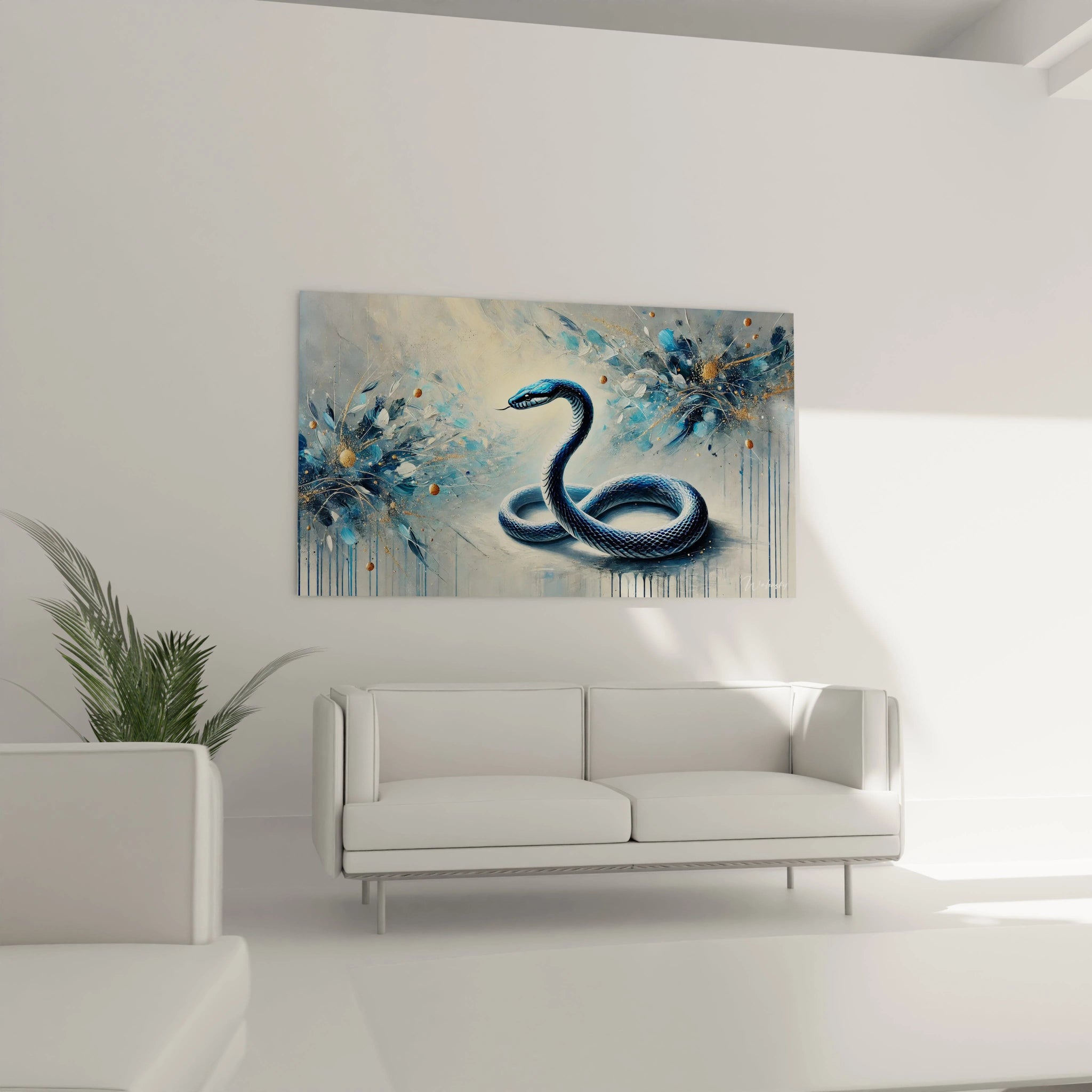 tableau serpent majestueusement installé dans un salon au dessus d un canapé offrant un contraste saisissant entre les courbes gracieuses du serpent et le fond texturé élégant de la toile