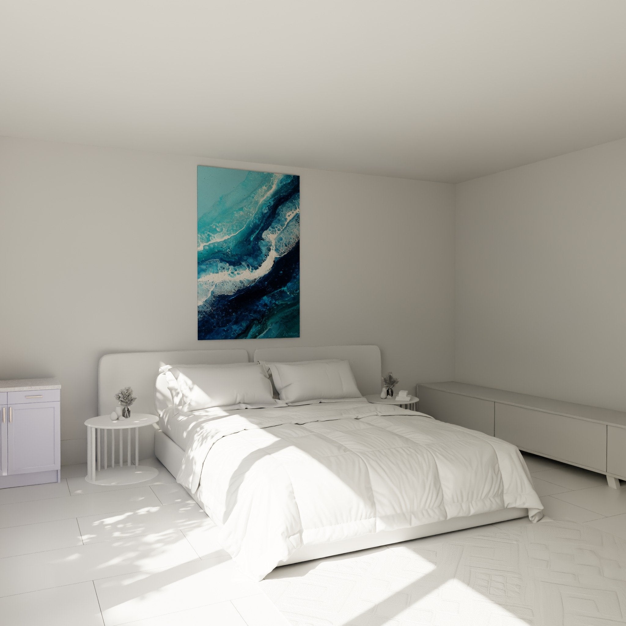 Navy blue abstract wall art in master bedroom zen feng shui north water decor