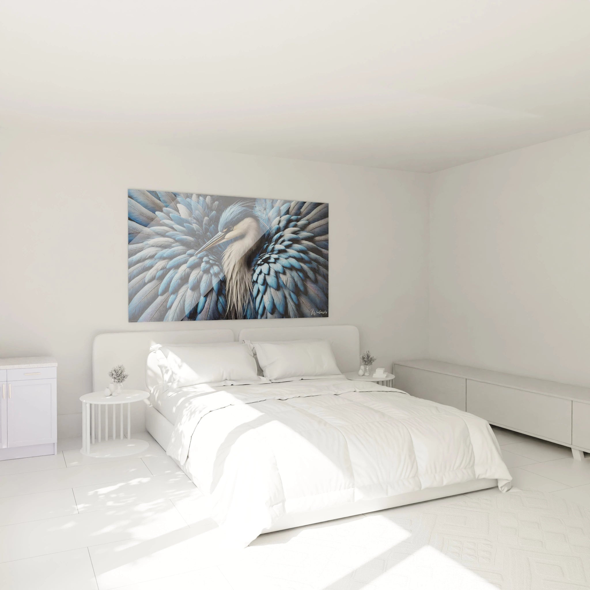 tableau heron elegant au-dessus du lit dans la chambre apportant serenite et sophistication avec ses teintes de bleu et nuances naturelles inspirant la tranquilite