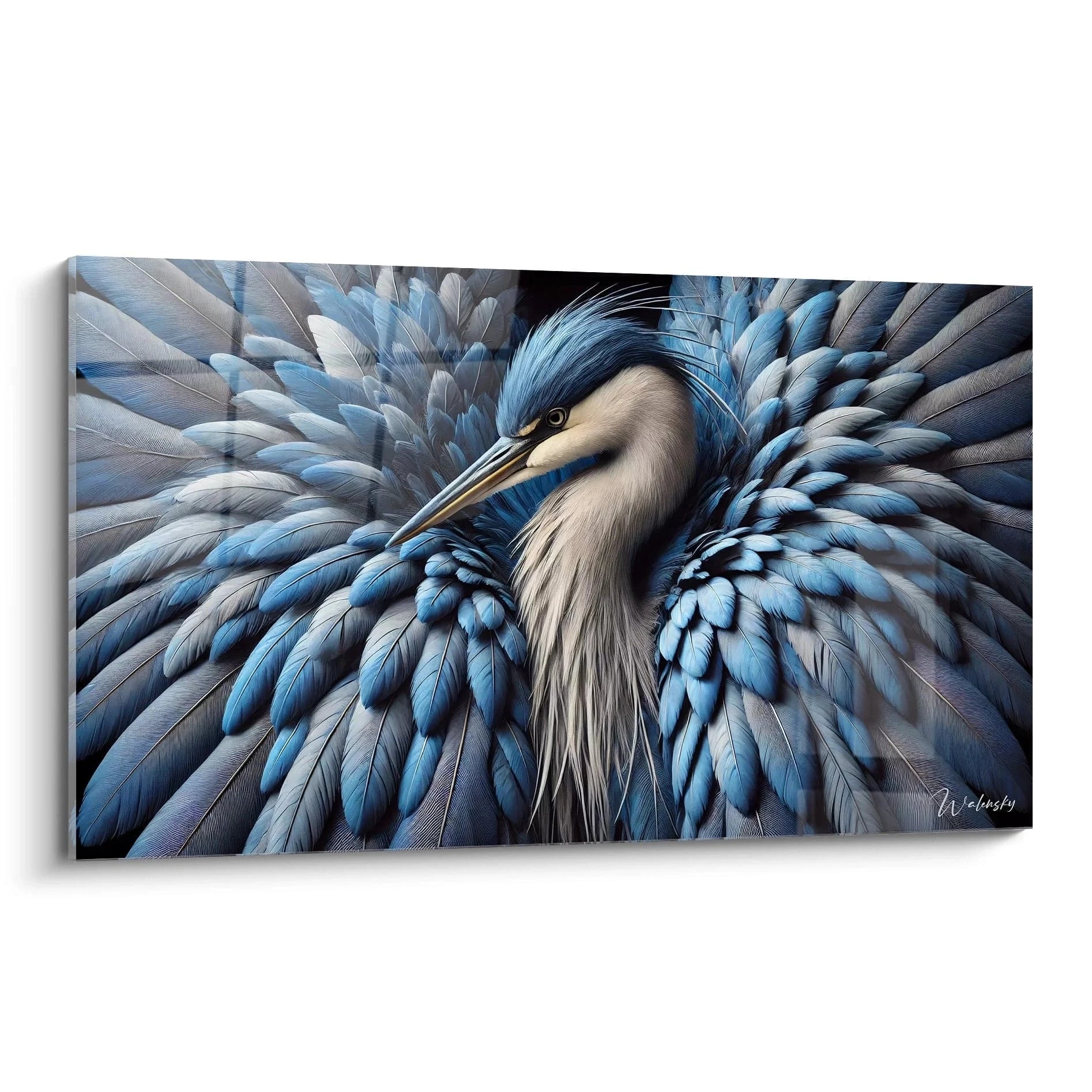 tableau heron vue de biais capturant chaque detail des plumes luxuriantes en nuances de bleu ideal pour decor apaisant et elegant dans un espace contemporain