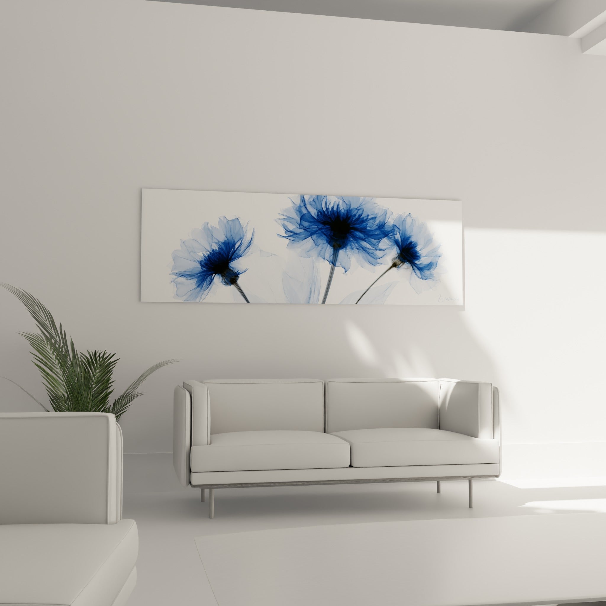 Pétales de bleuet bleu marine et blanc ornent un mur au-dessus d'un canapé dans un salon lumineux