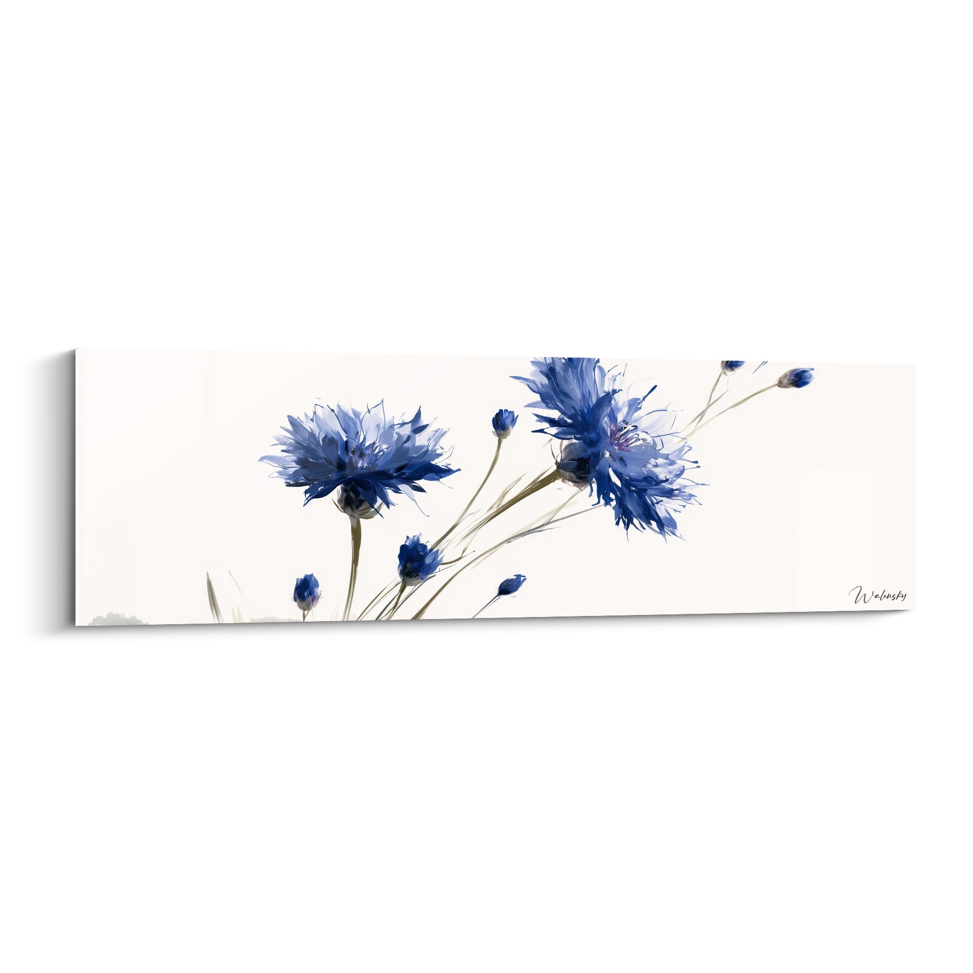 Bleuets bleu marine et blanc cassé peints en aquarelle sur fond ivoire, tiges élancées et boutons délicats