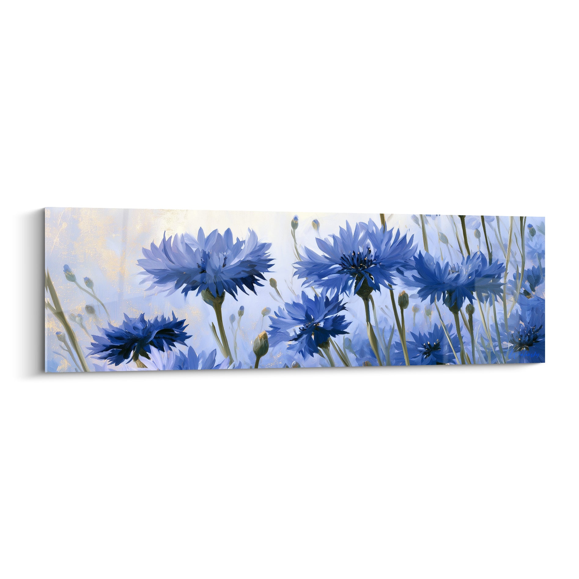 Bleuets bleu marine aux pétales déployés sur fond doré, peinture florale panoramique
