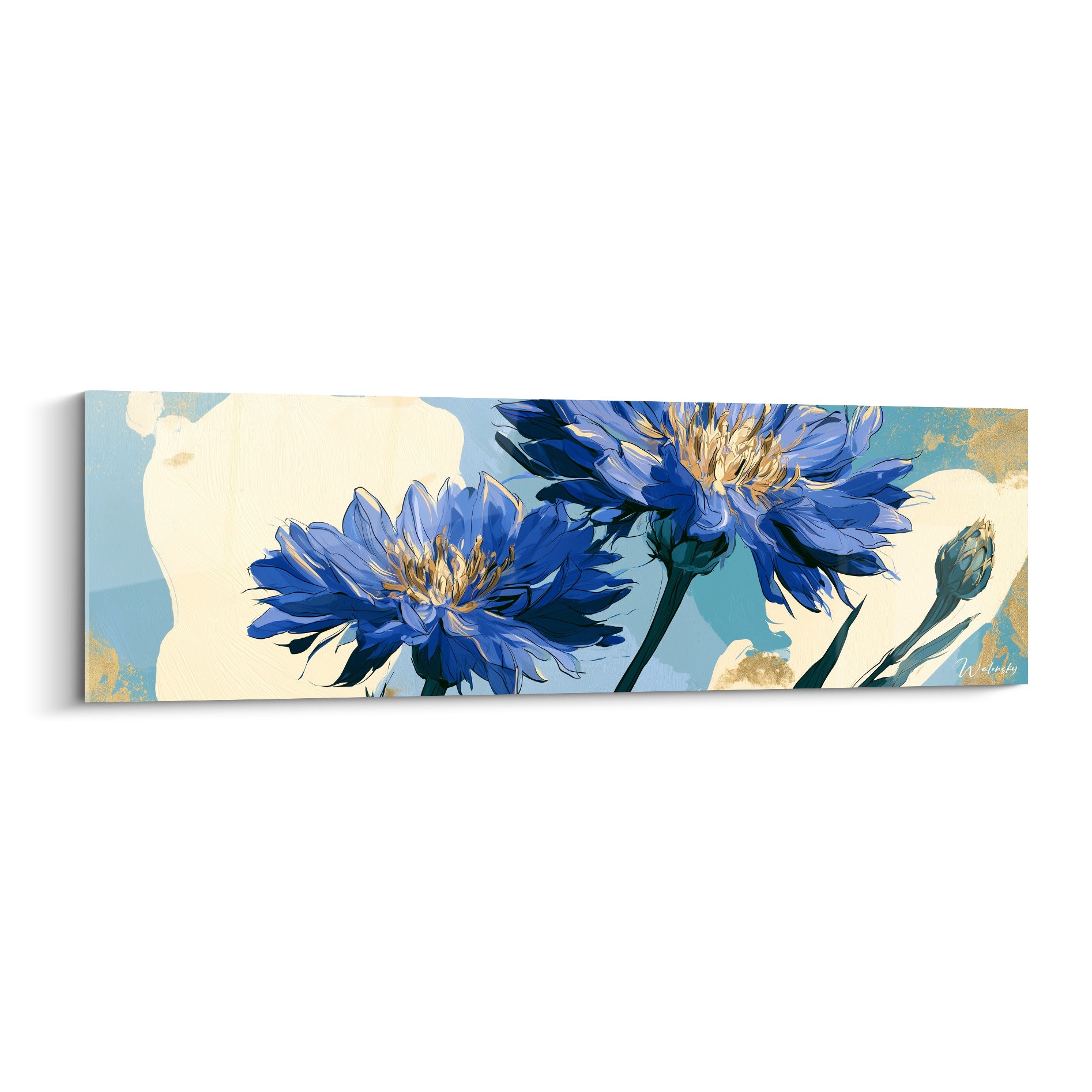 Bleuets bleu profond aux étamines dorées épanouis sur fond crème et bleu pastel