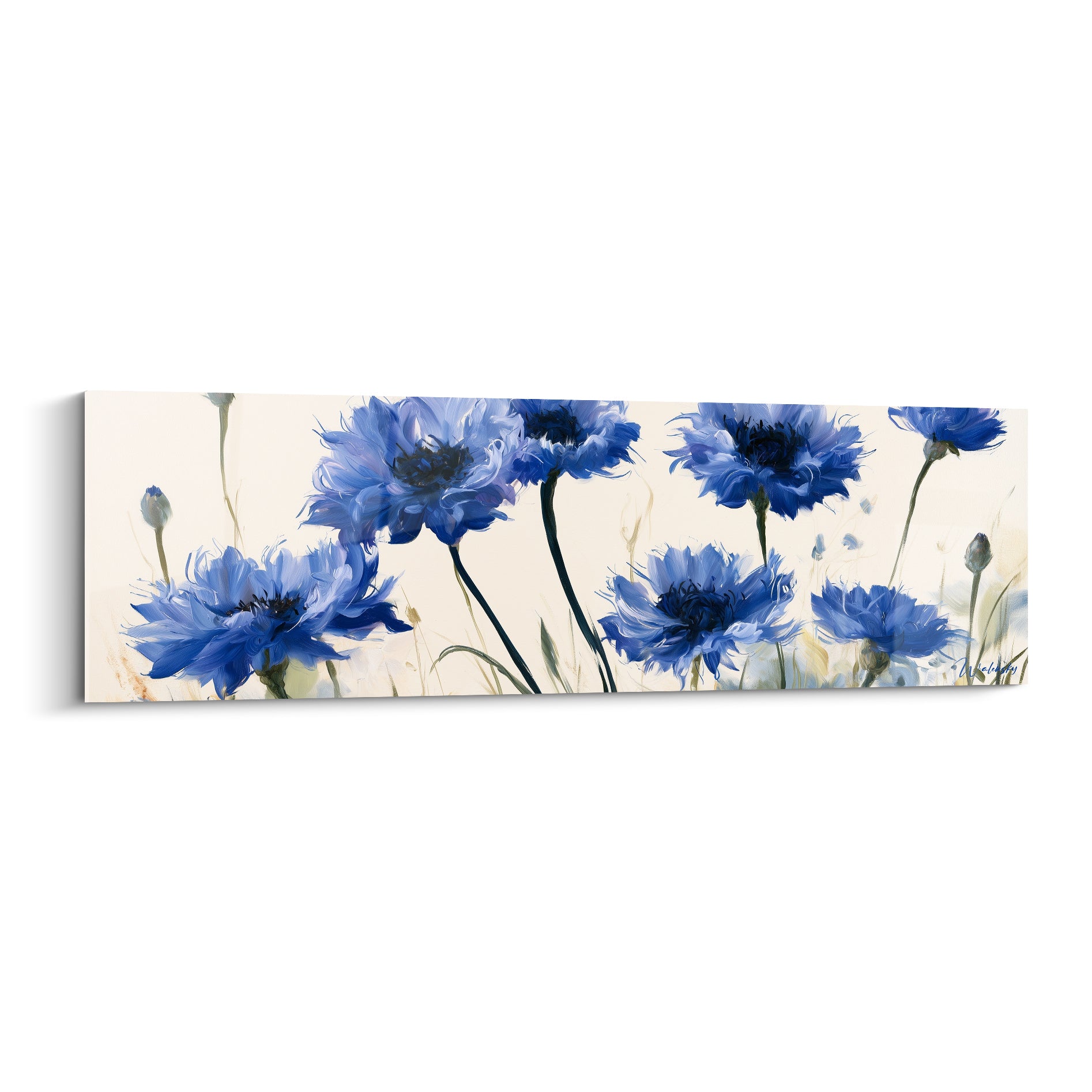 Bleuets bleu marine et ivoire aux cœurs sombres, composition florale panoramique peinte
