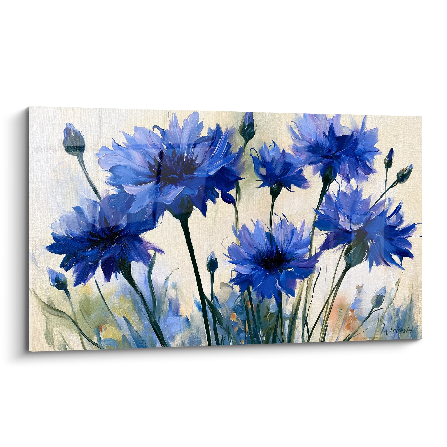 Bleuets bleu roi et bleu lavande peints en larges touches sur fond ivoire lumineux