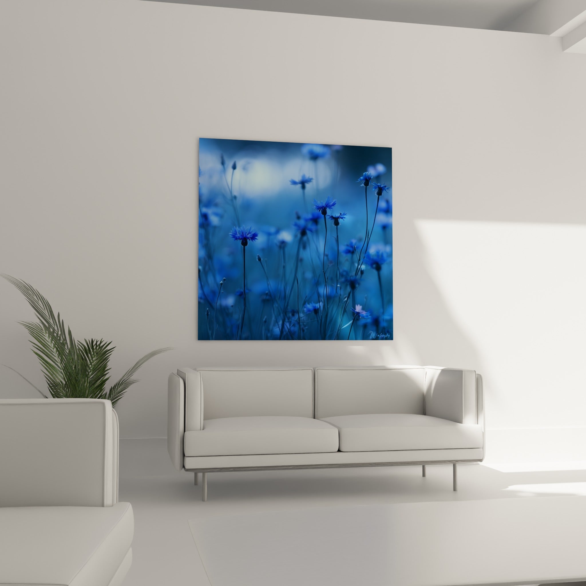 Bouquet de bleuets bleu vif et bleu nuit au-dessus d'un canapé dans un salon lumineux