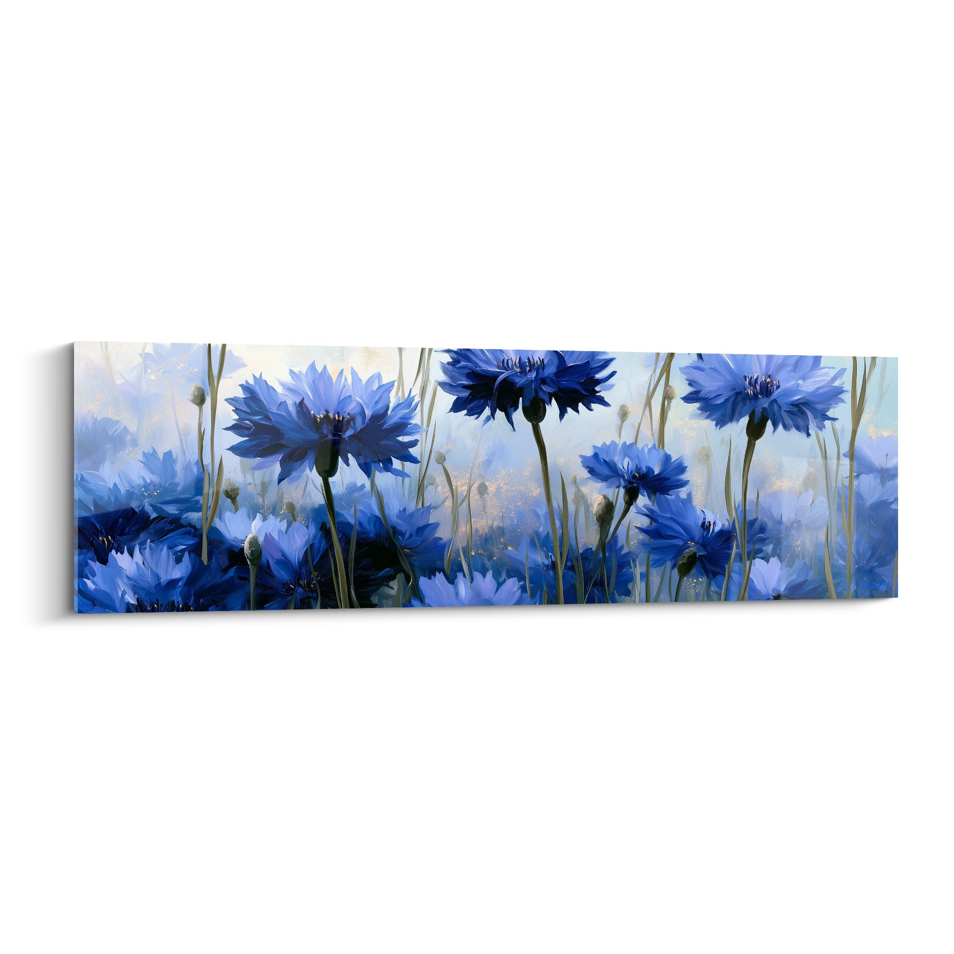 Bleuets bleu marine et bleu pastel aux pétales déchiquetés sur fond doré vaporeux