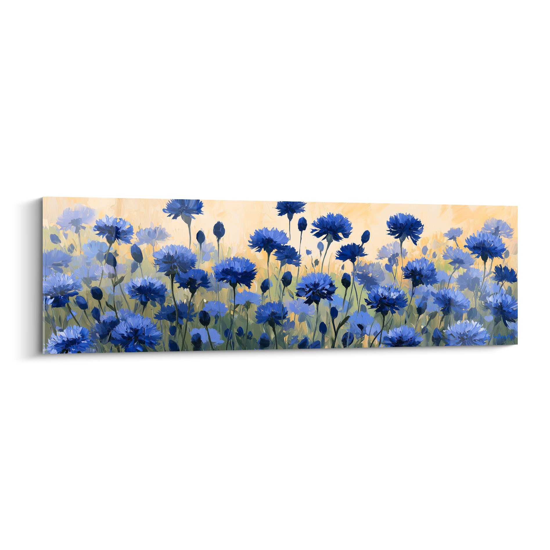 Bleuets bleu marine et pastel peints sur fond doré, composition botanique en format panoramique