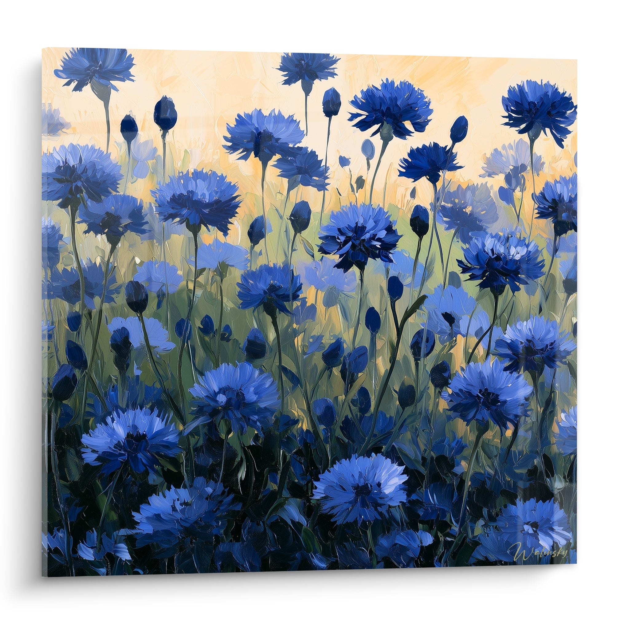 Bleuets bleu marine et doré peints en touches empâtées sur fond de ciel lumineux