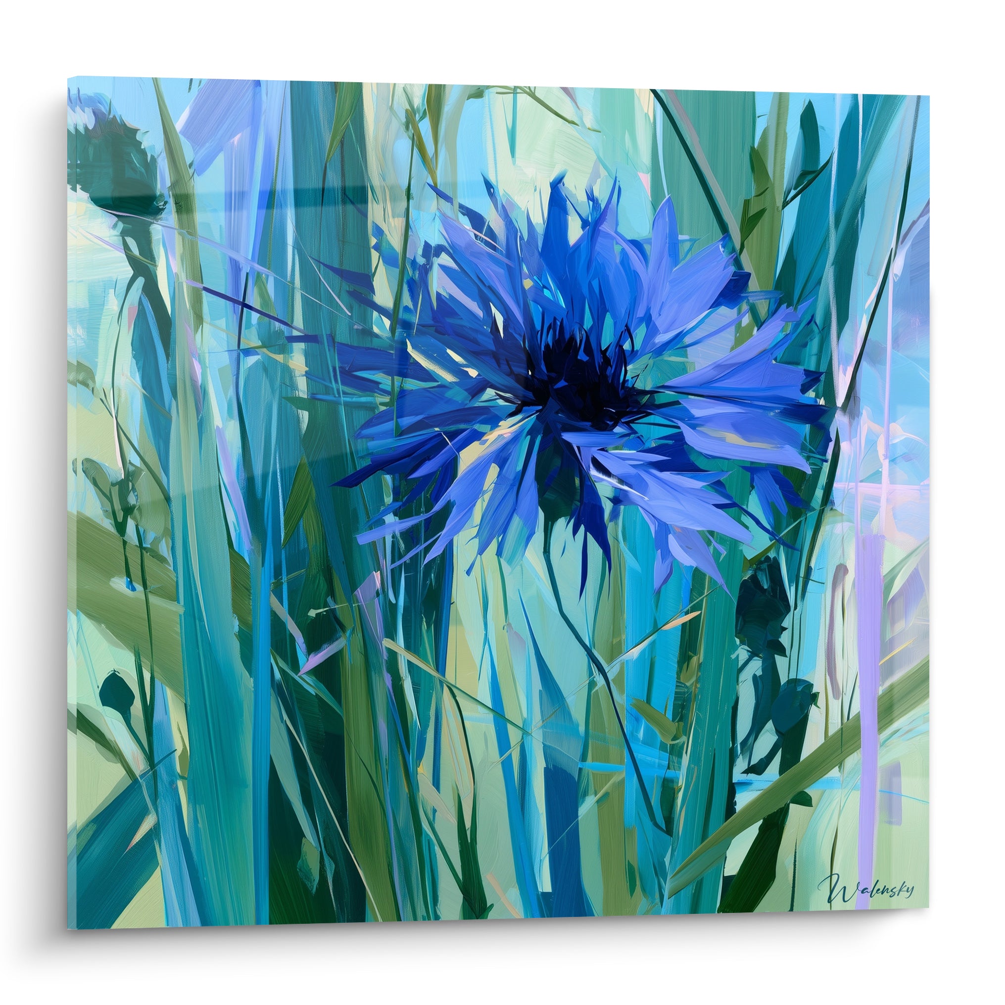 Bleuet bleu marine et lavande déployé en touches vives sur fond vert et turquoise