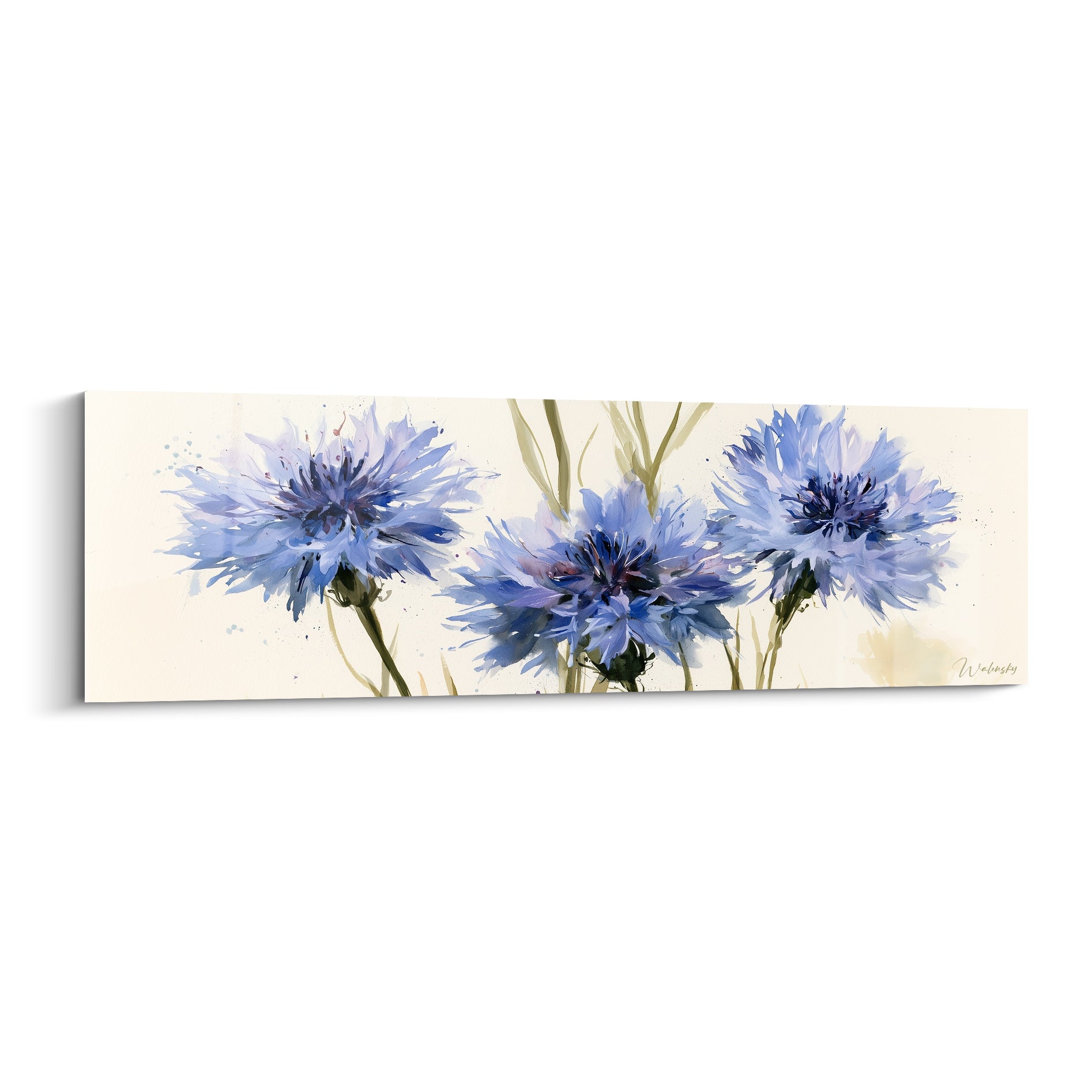 Bleuet aux pétales bleu lavande et bleu marine peints en aquarelle sur fond ivoire clair