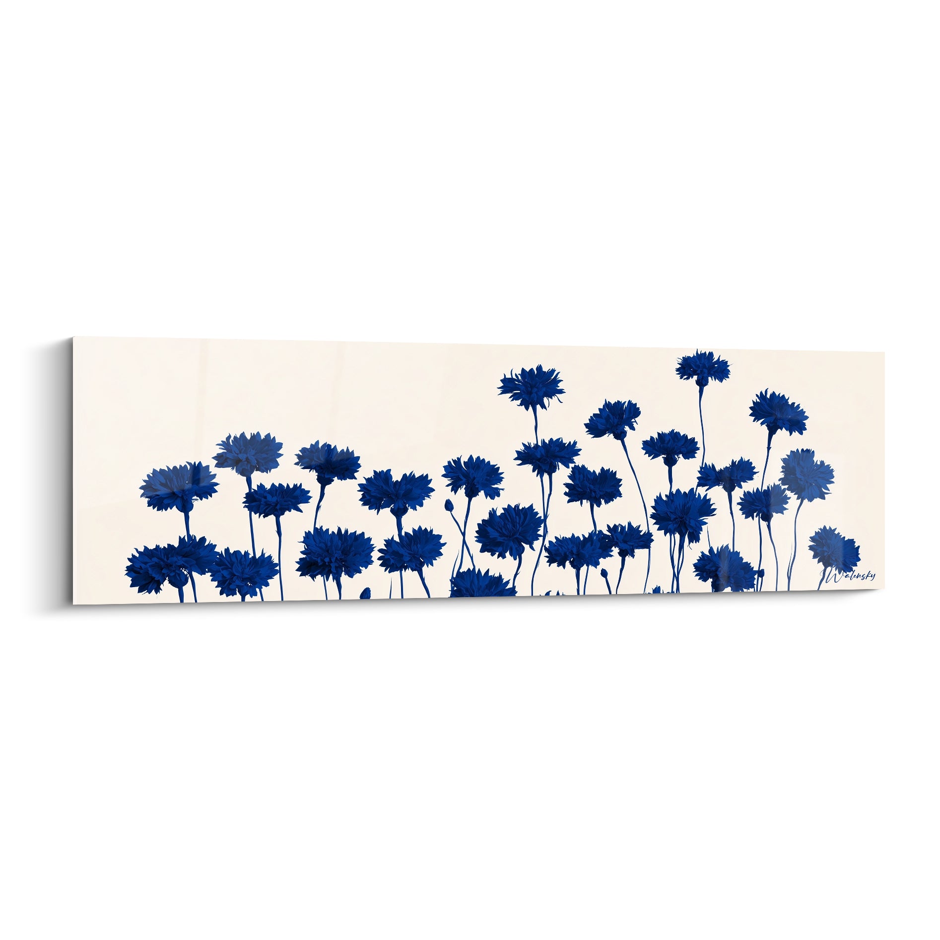 Bleuets bleu marine dressés en silhouettes sur fond ivoire, style aquarelle graphique
