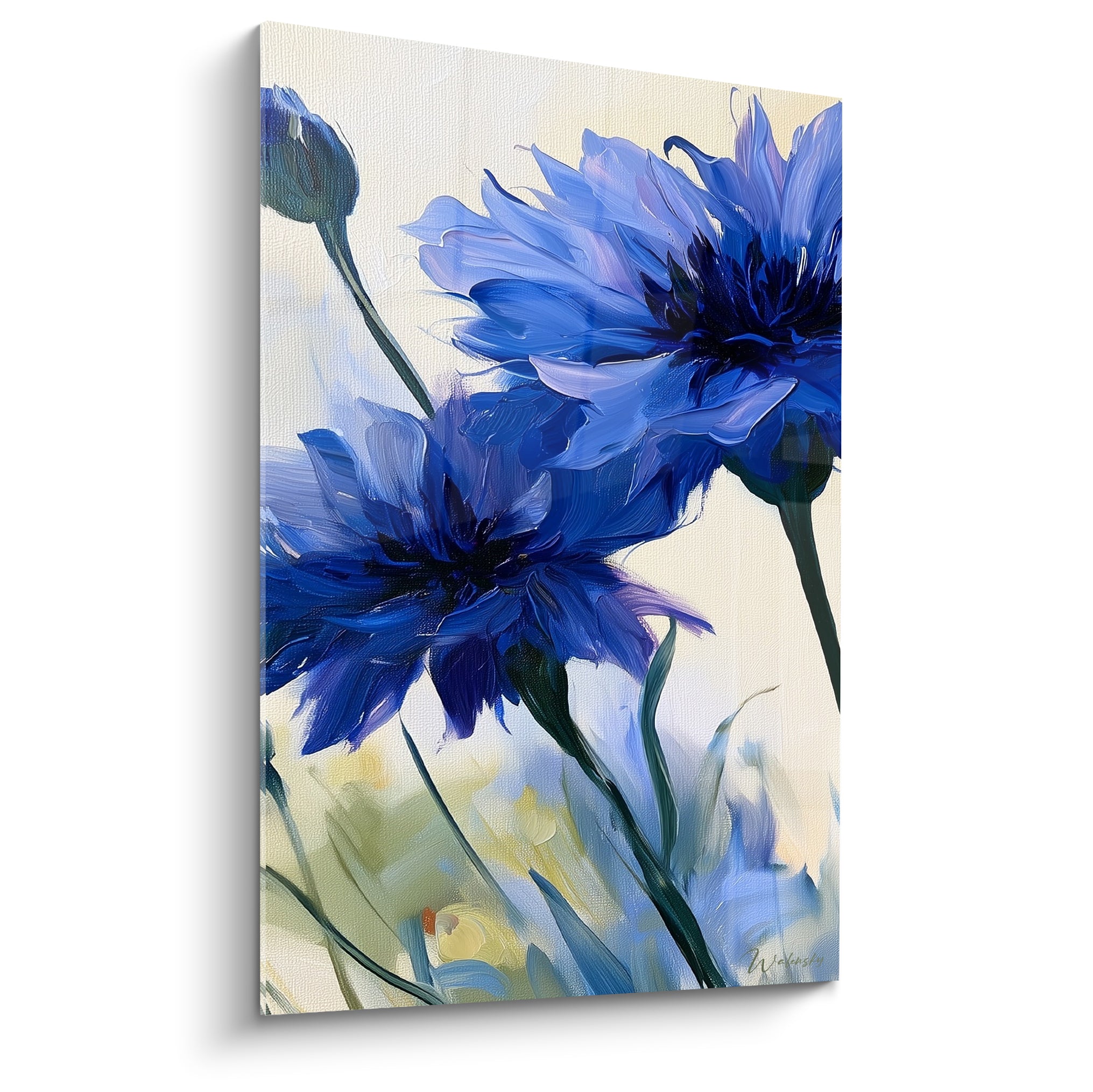 Bleuets bleu marine aux pétales déployés, peints à touches expressives sur fond ivoire lumineux