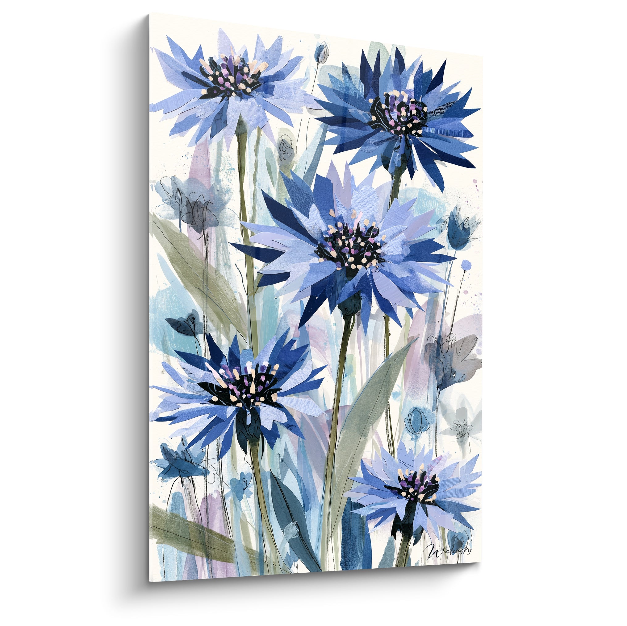 Bleuets bleu marine et lavande aux pétales déchiquetés sur fond ivoire, style aquarelle et collage