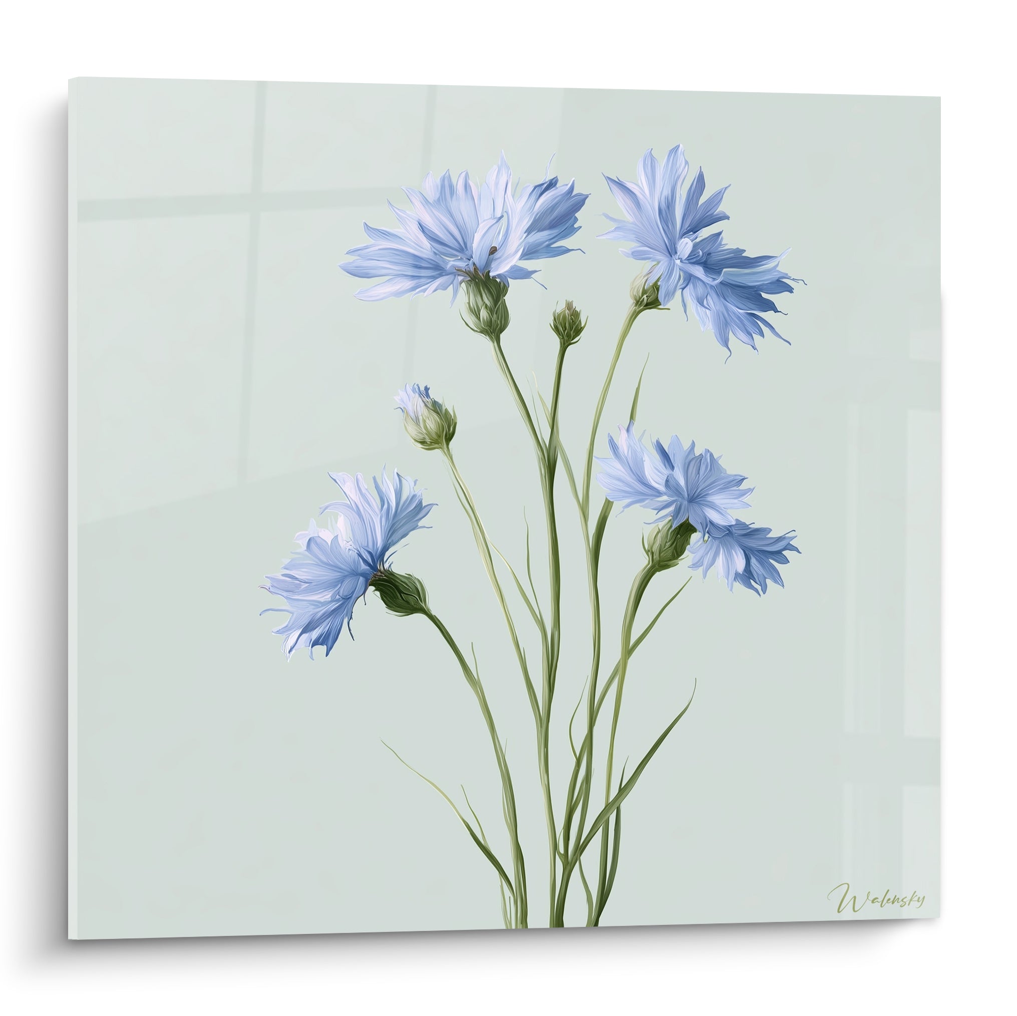 Bleuets bleu pastel aux tiges vert sauge peints sur fond vert clair uniforme et lumineux