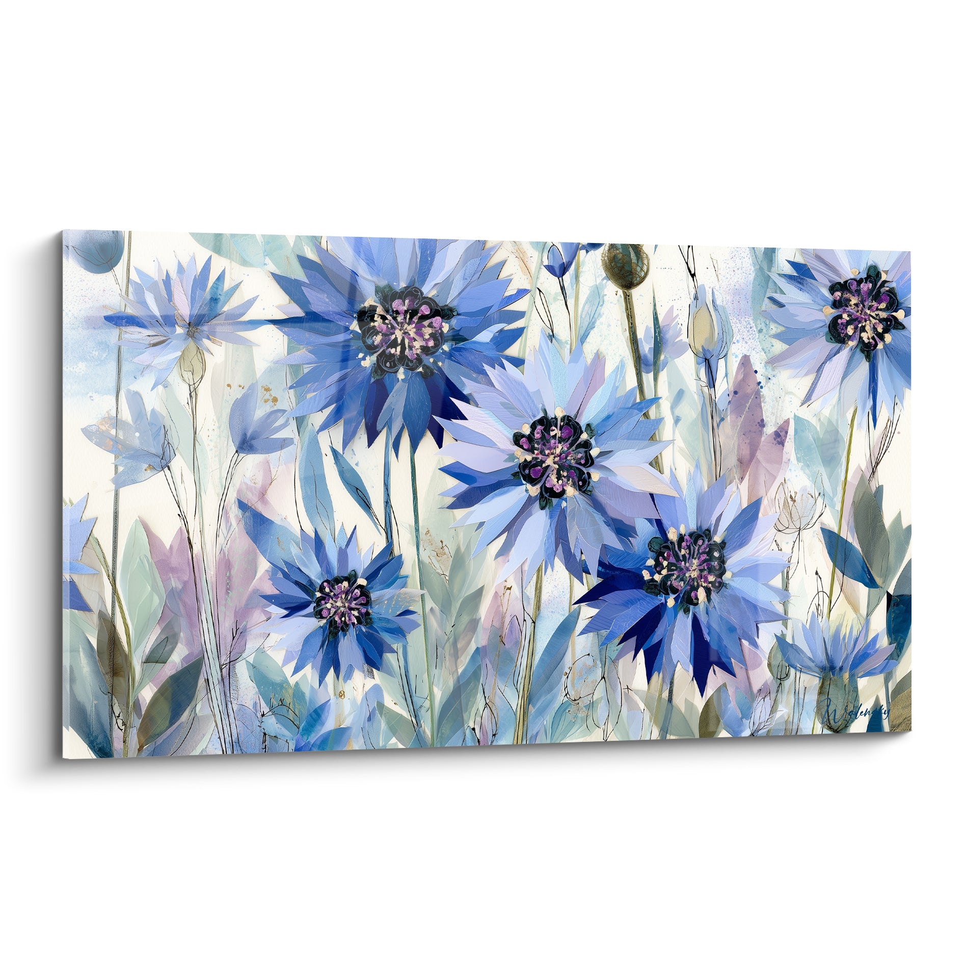 Bouquet de bleuets bleu roi et mauve aux cœurs sombres sur fond ivoire aquarelle