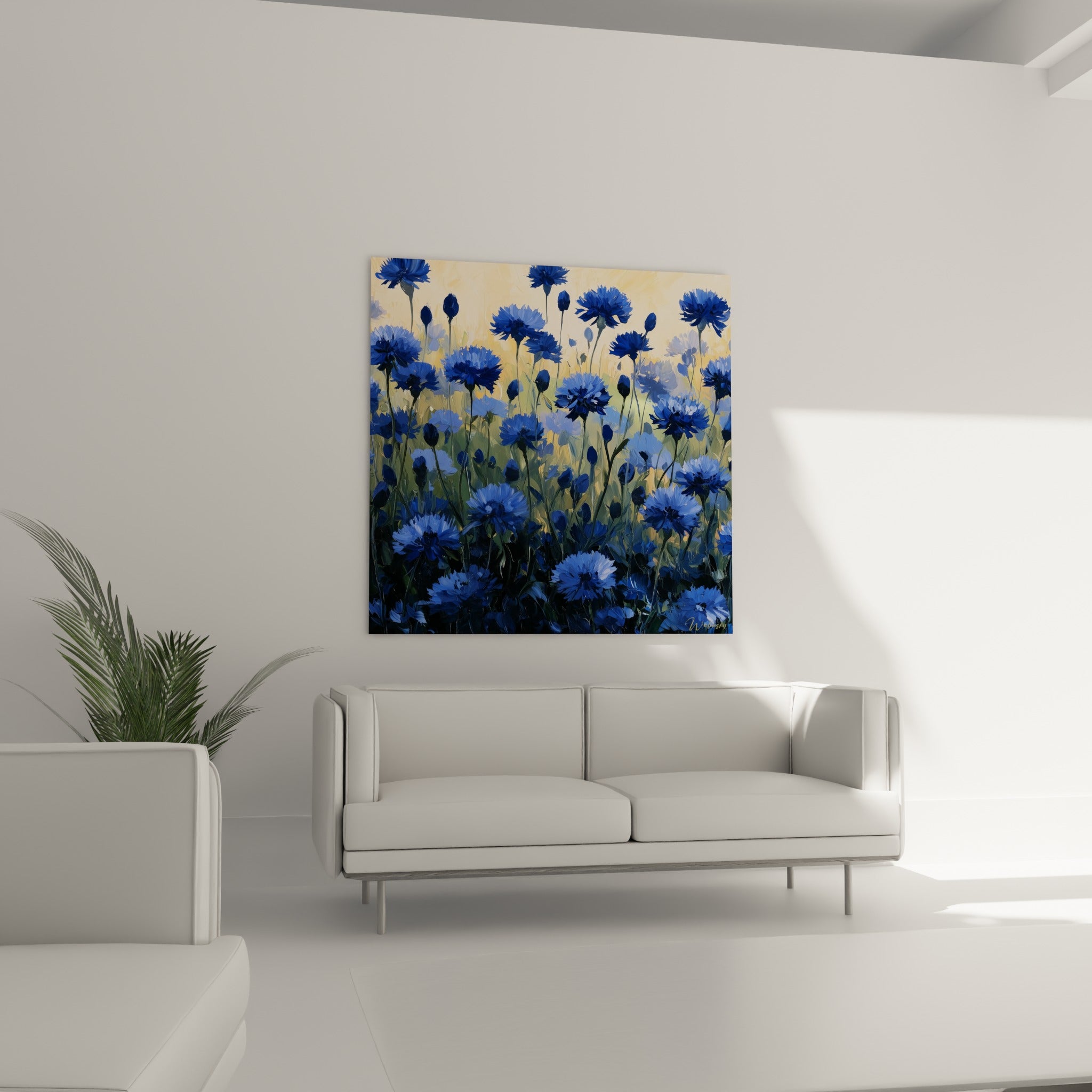Fleurs de bleuet bleu profond et fond doré placées au-dessus d'un canapé dans un salon lumineux