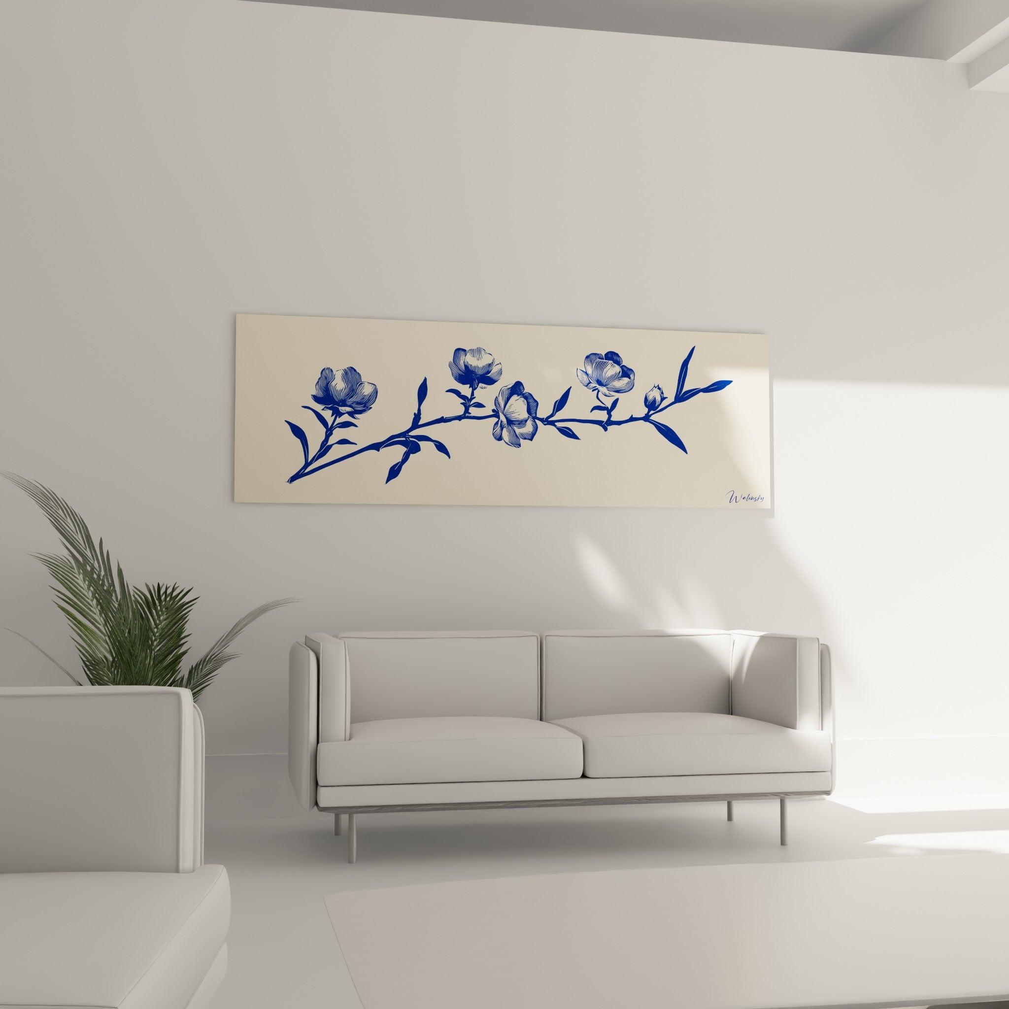 Pivoines dessinées en bleu marine sur ivoire, tableau Bleuet au-dessus d'un canapé dans un salon lumineux