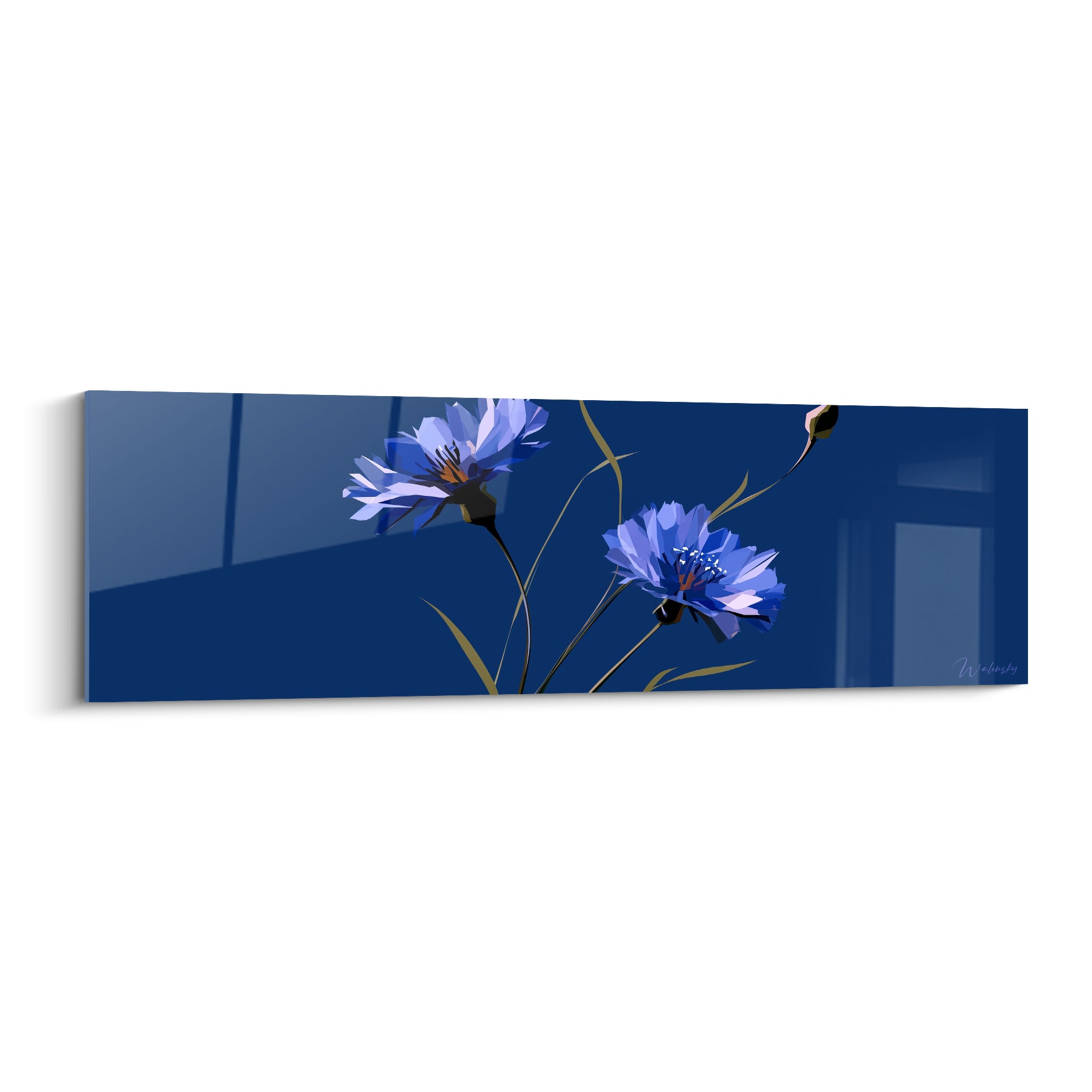 Bleuet mauve et bleu pastel sur fond bleu marine, tiges noires graphiques et pétales déchiquetés
