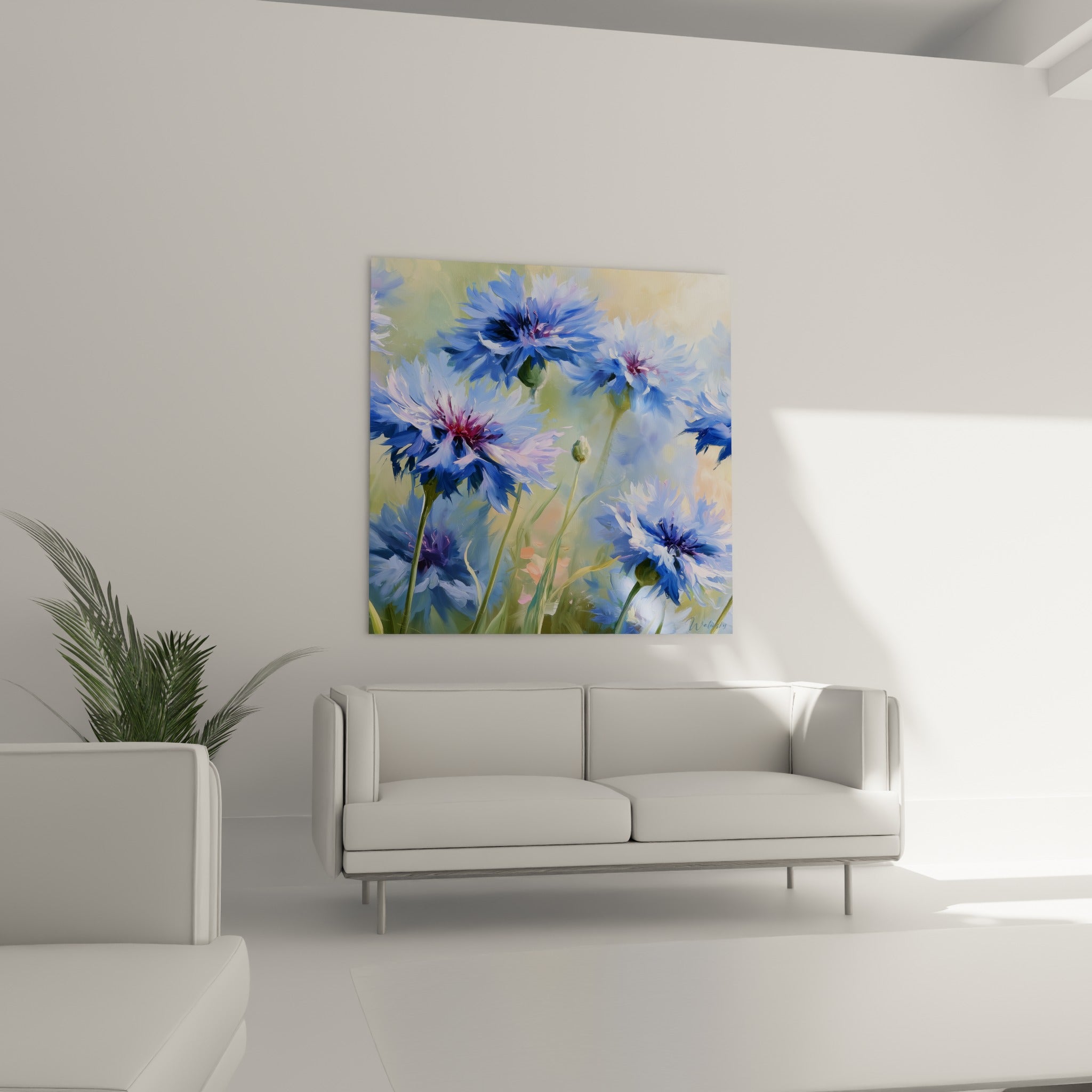 Fleurs de bleuet bleu marine et ocre en pleine floraison au-dessus d'un canapé dans un salon lumineux